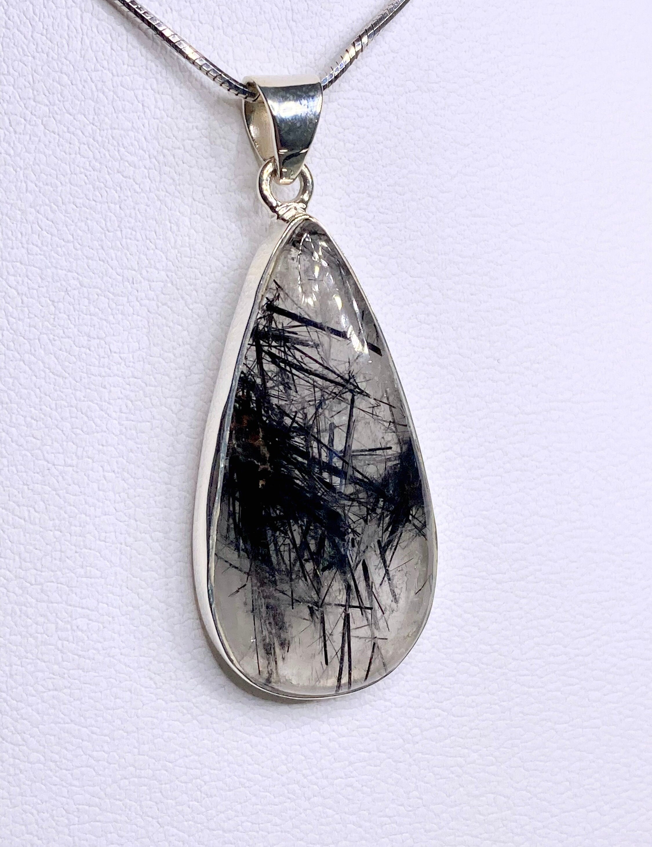 Black Tourmaline Rutilated Quartz and Silver Pendant