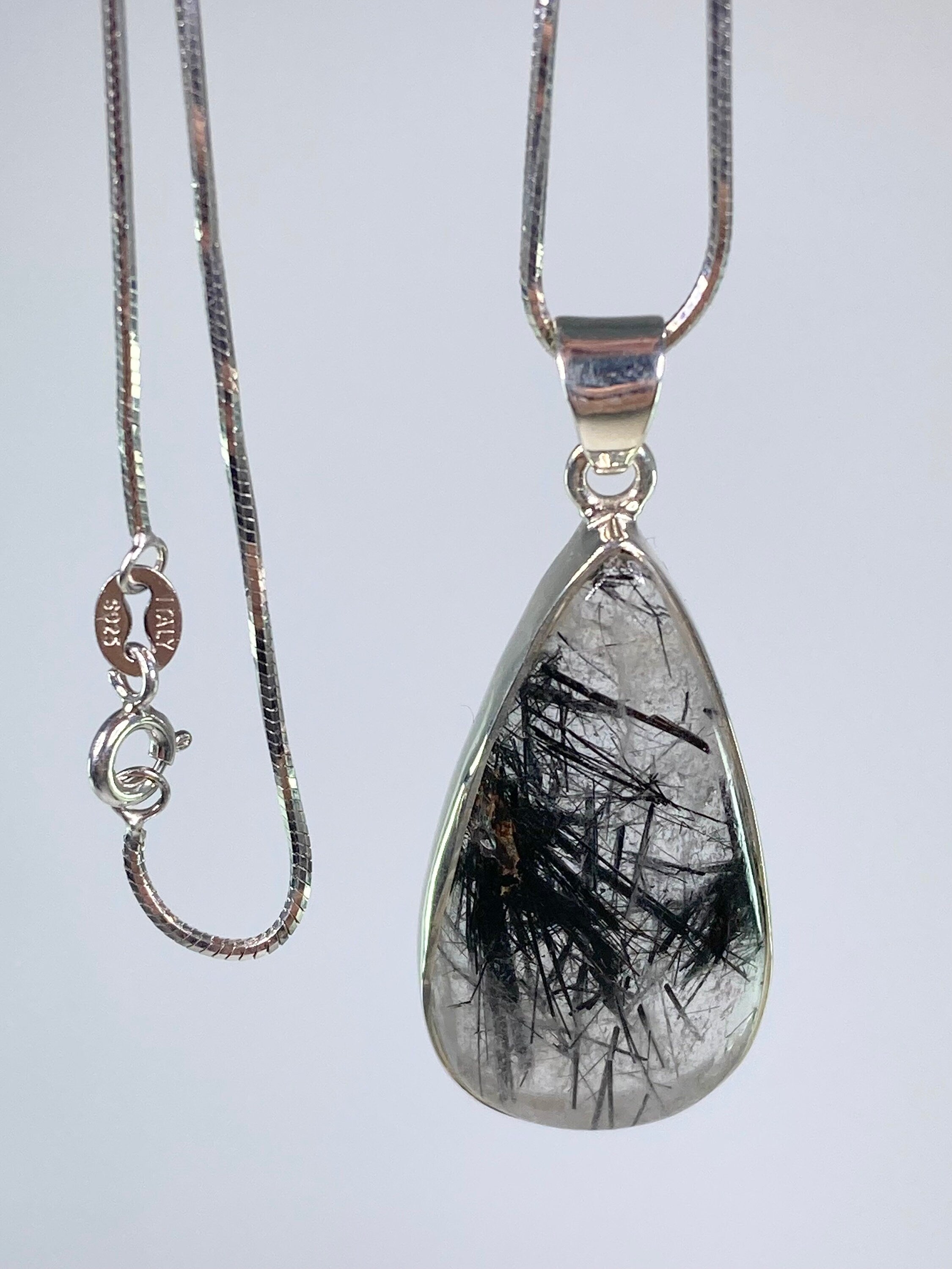 Black Tourmaline Rutilated Quartz and Silver Pendant