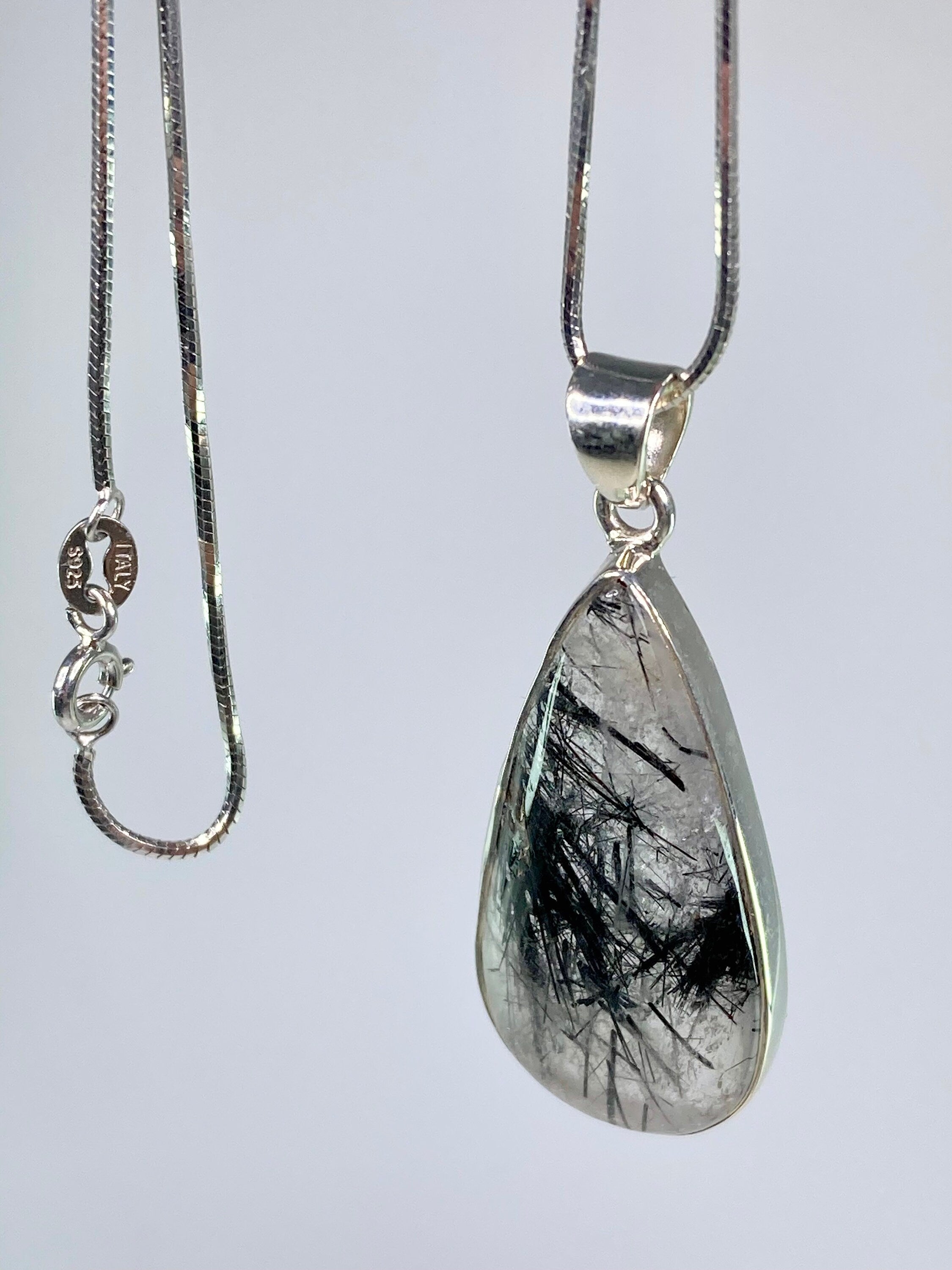 Black Tourmaline Rutilated Quartz and Silver Pendant