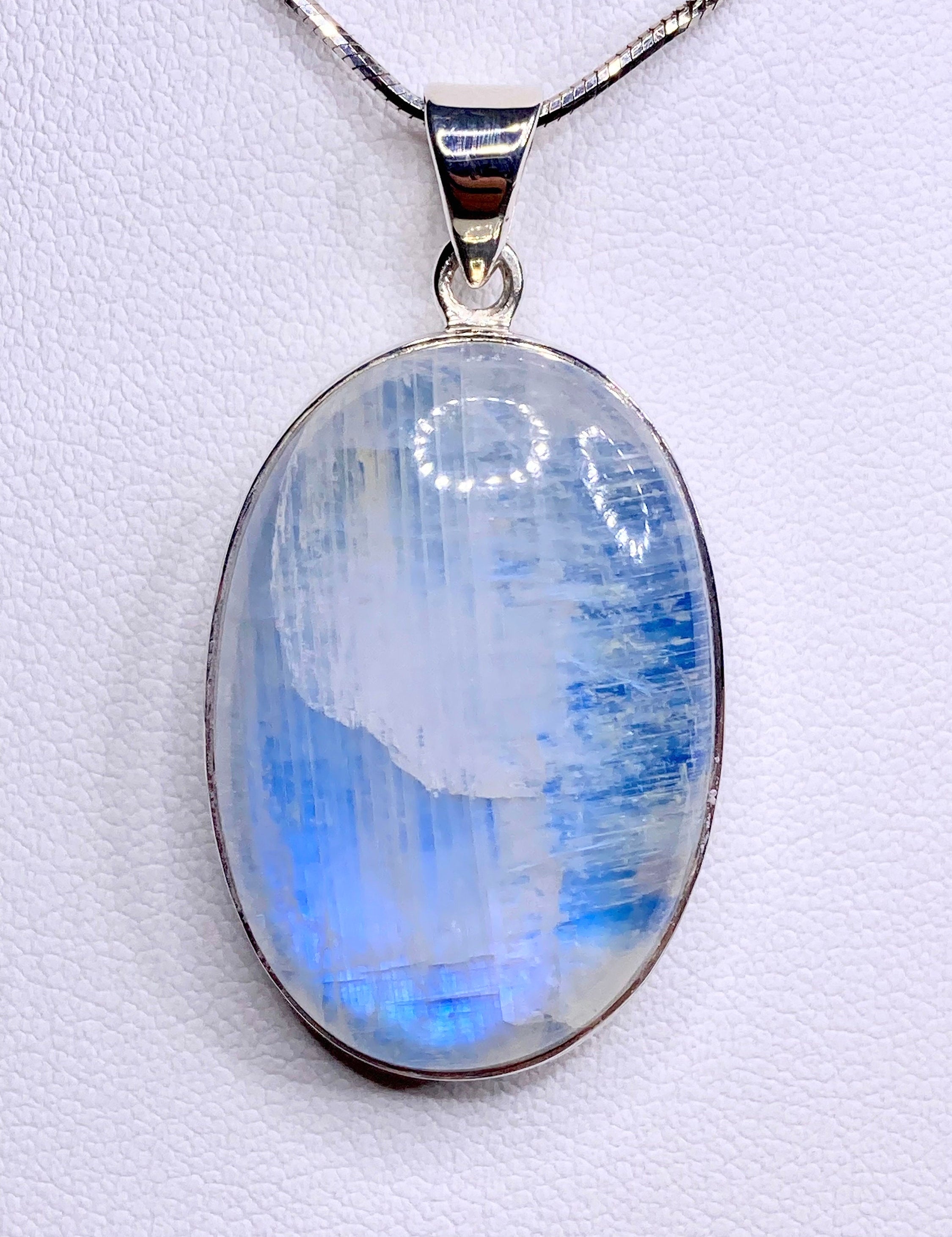 High Quality Blue Fire Moonstone and Silver Pendant