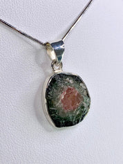 Genuine Watermelon Tourmaline Slice and Silver pendant including the Soild Italian Silver Snake Chain