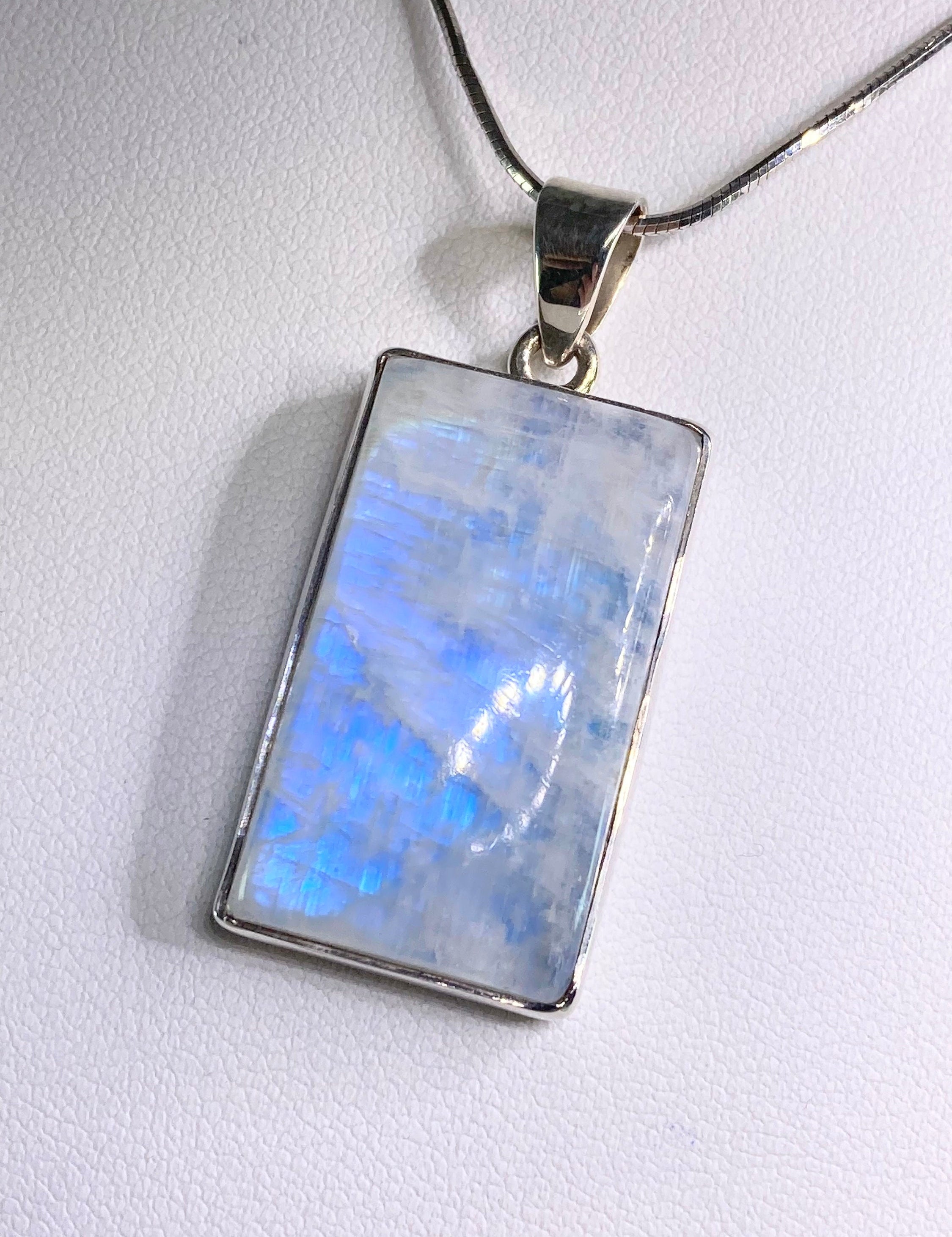 Blue Fire Moonstone and Silver Pendant Including the Snake Chain