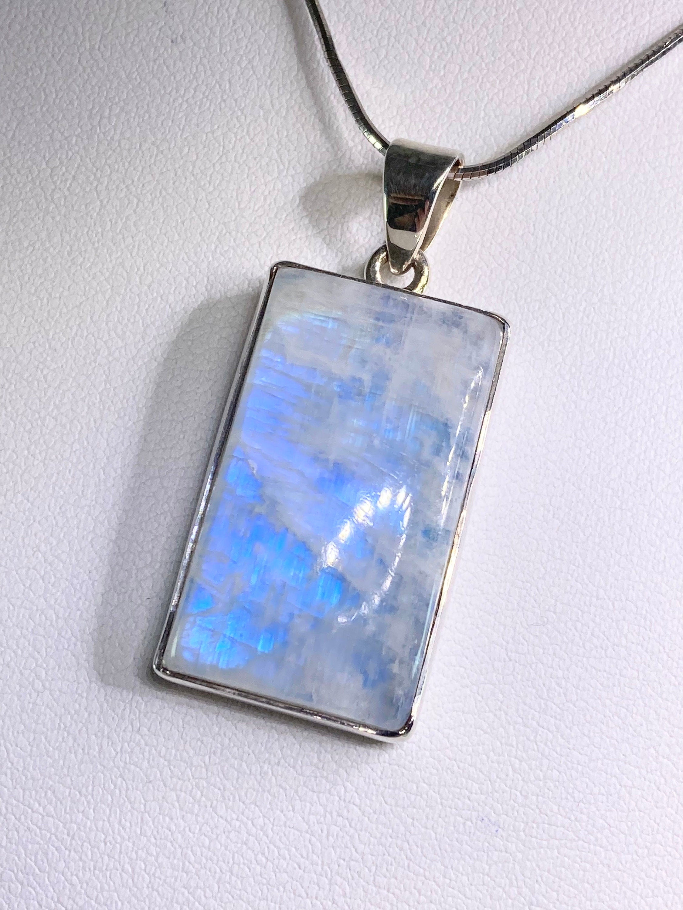 Blue Fire Moonstone and Silver Pendant Including the Snake Chain