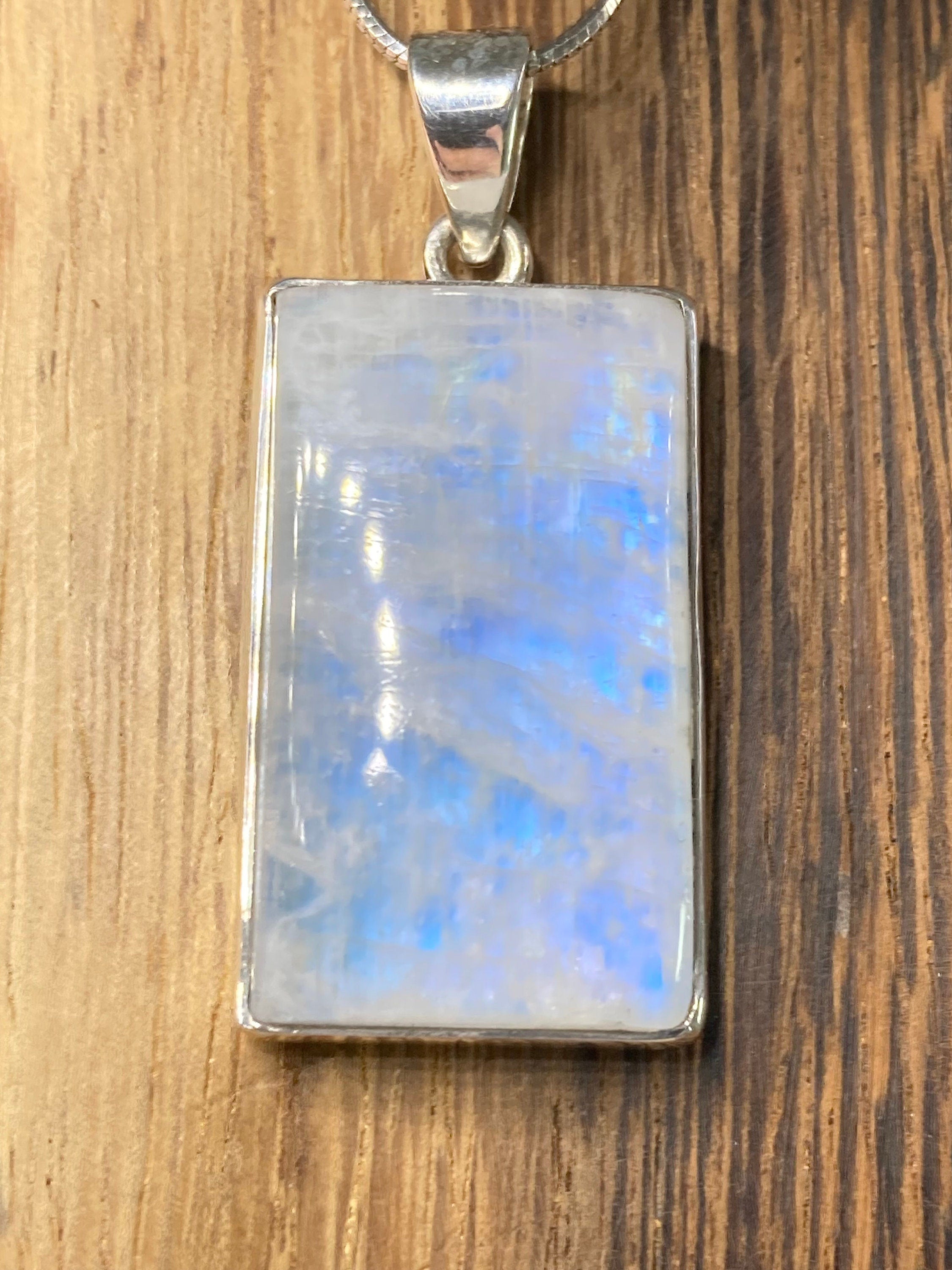 Blue Fire Moonstone and Silver Pendant Including the Snake Chain