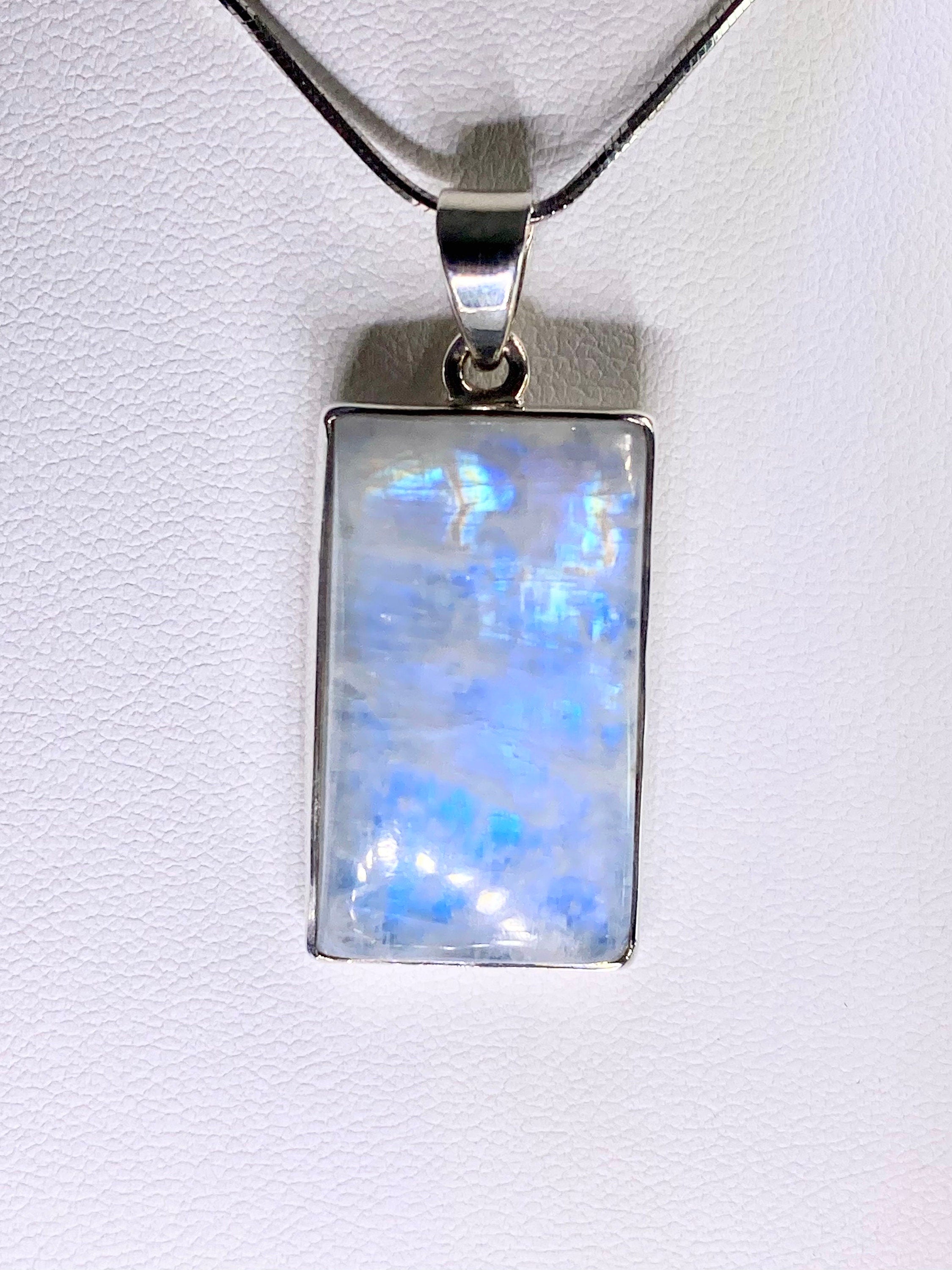 Blue Fire Moonstone and Silver Pendant Including the Snake Chain