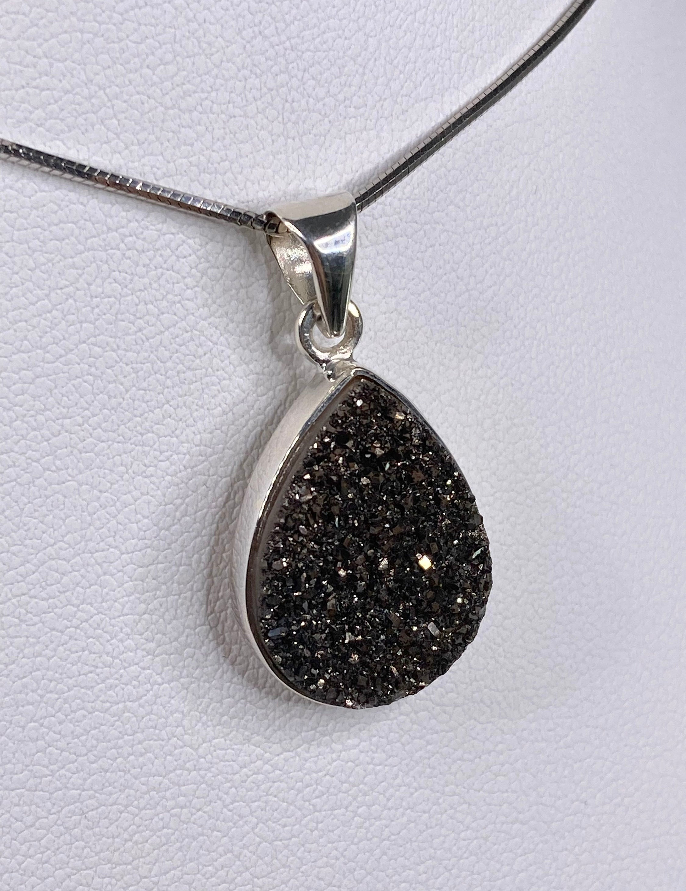 A Beautifully Sparkling Black Druzy Agate and Silver Pendant