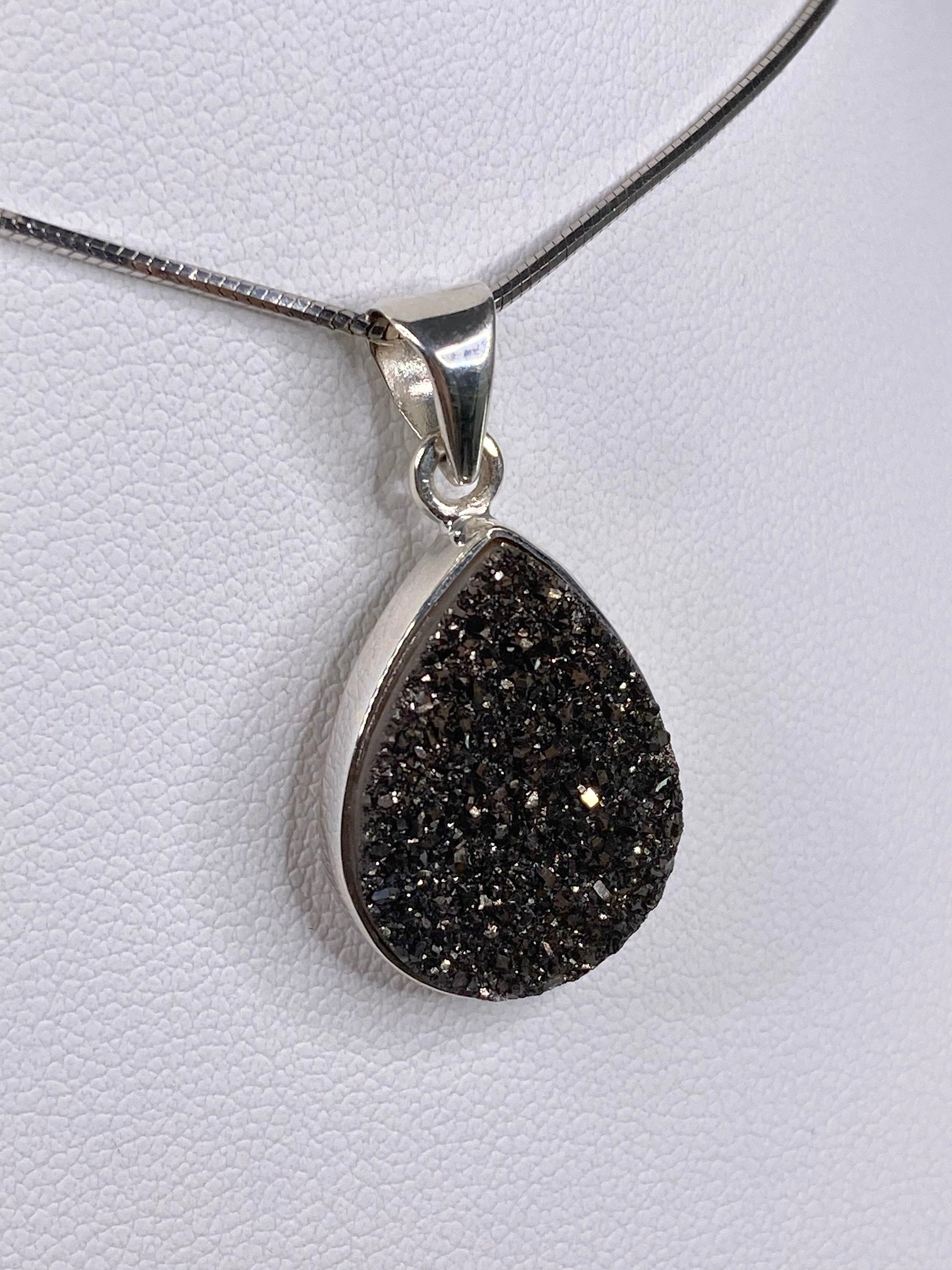 A Beautifully Sparkling Black Druzy Agate and Silver Pendant