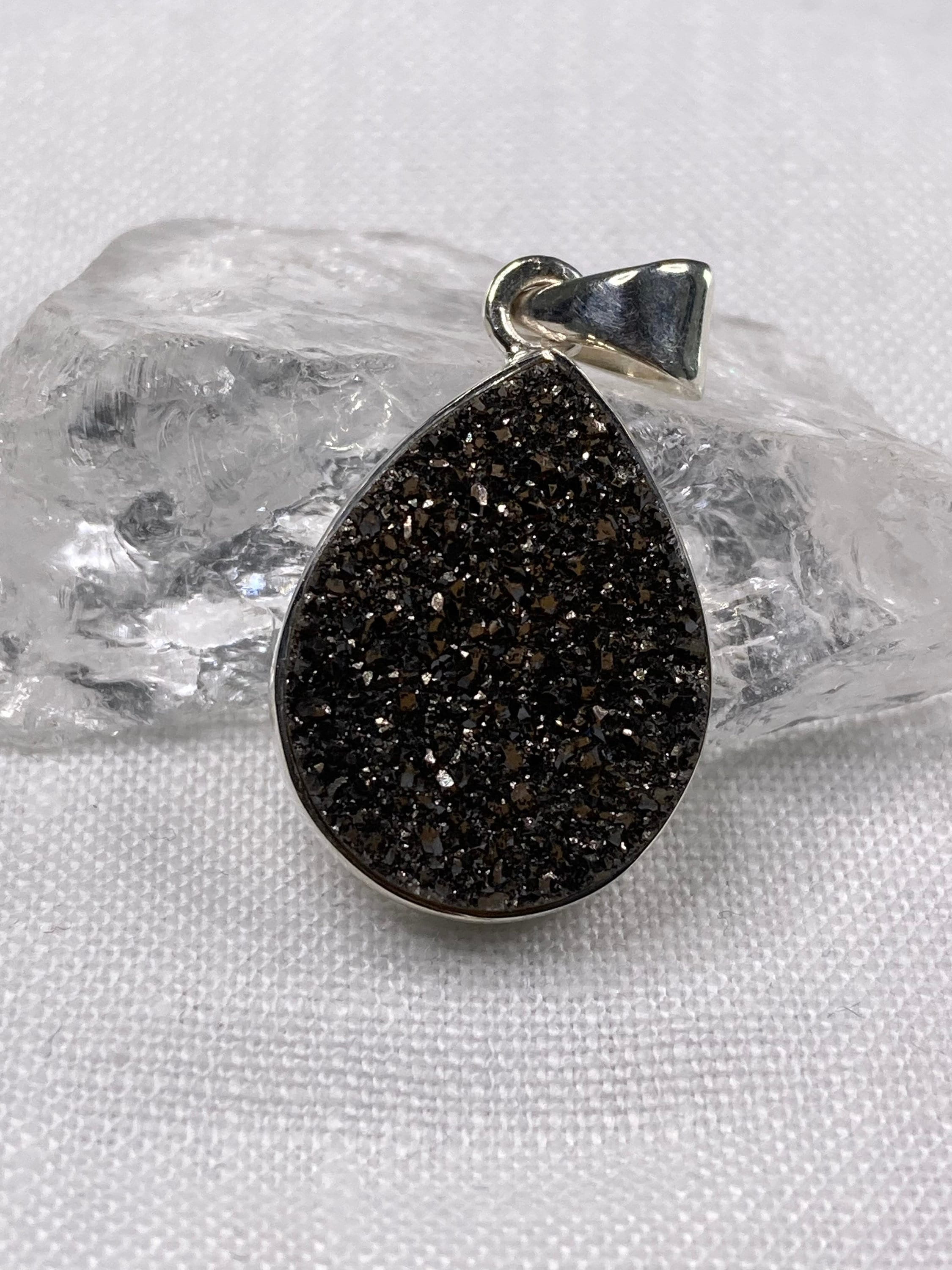 A Beautifully Sparkling Black Druzy Agate and Silver Pendant