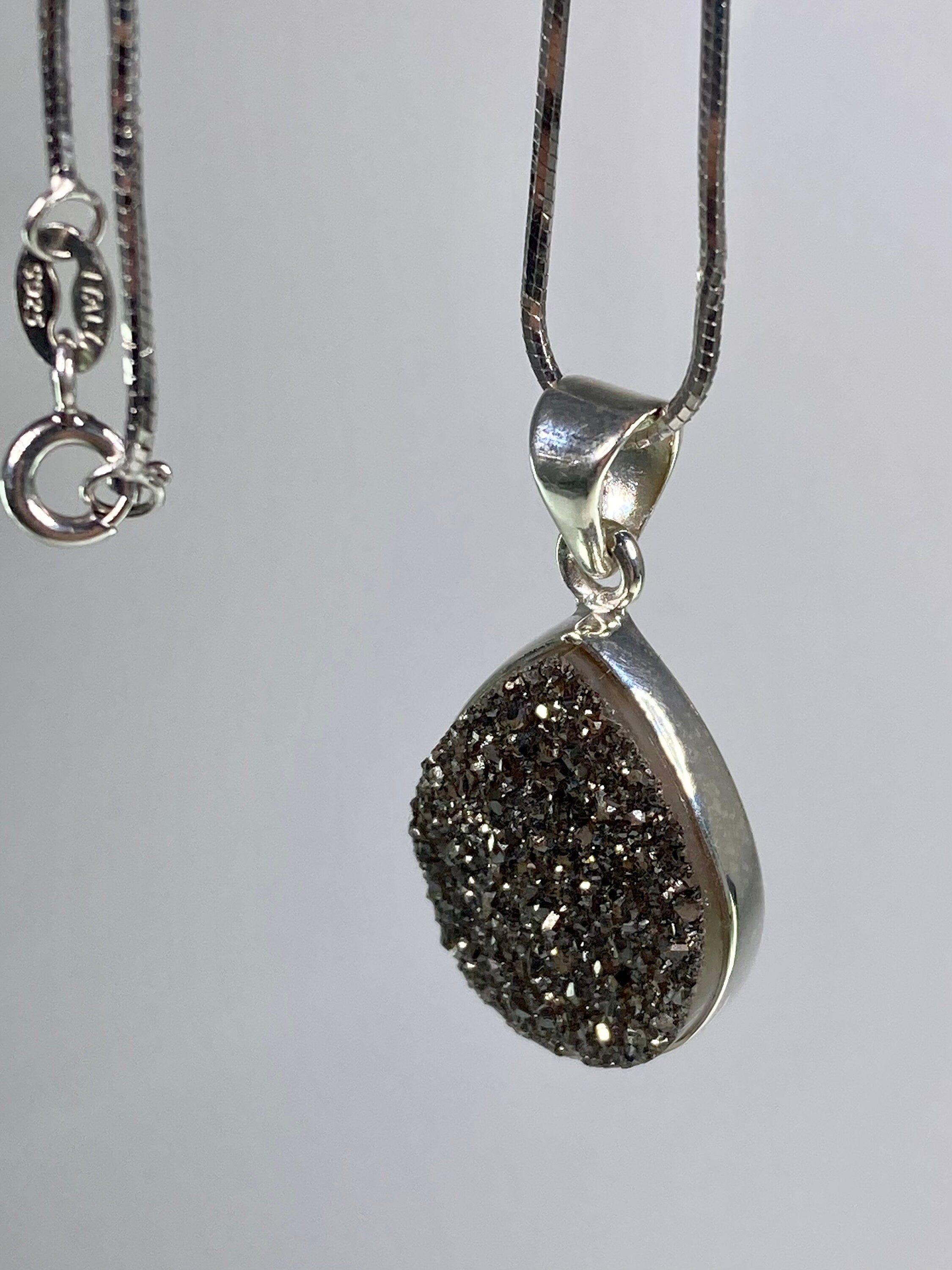 A Beautifully Sparkling Black Druzy Agate and Silver Pendant