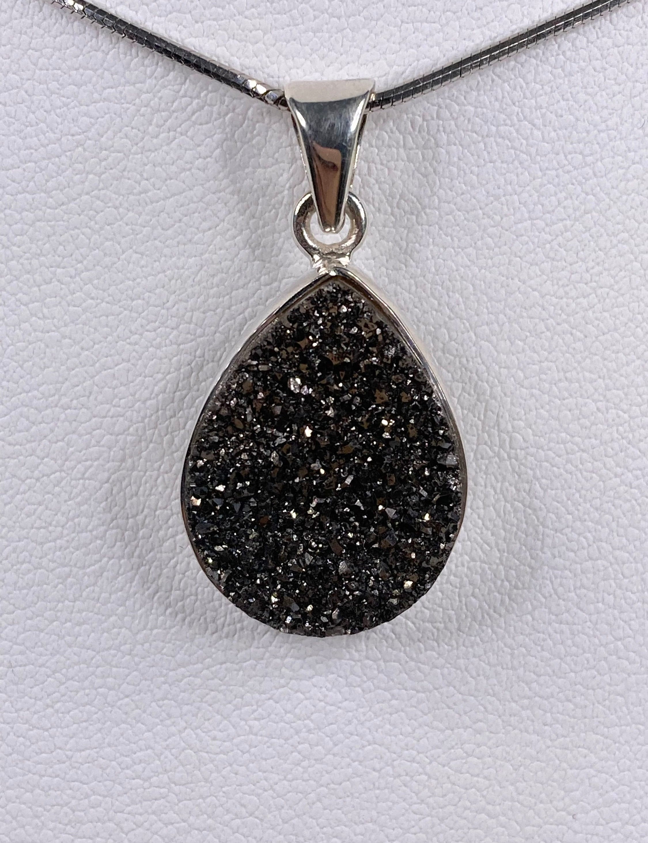 A Beautifully Sparkling Black Druzy Agate and Silver Pendant