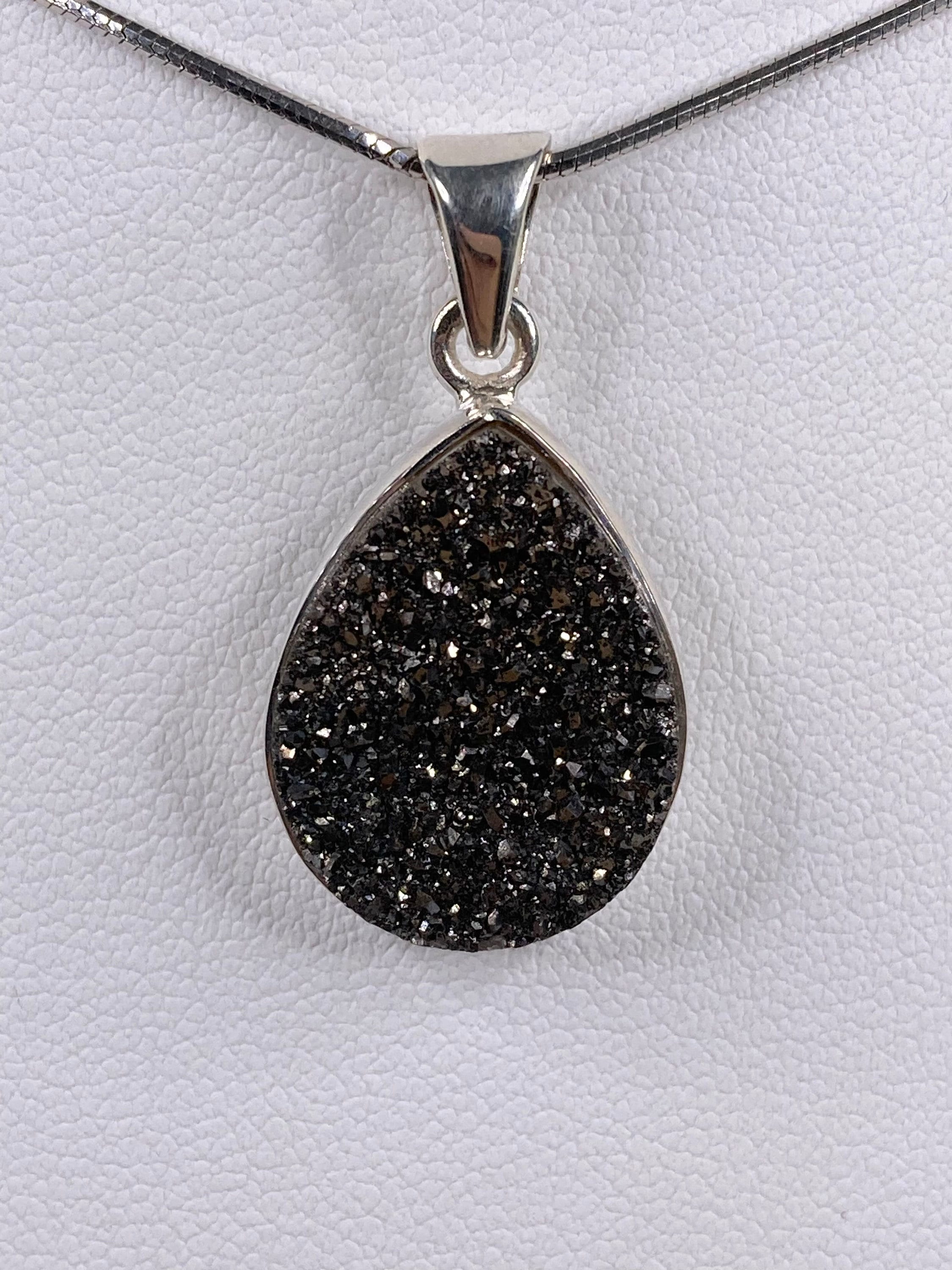 A Beautifully Sparkling Black Druzy Agate and Silver Pendant