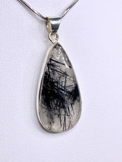 Black Tourmaline Rutilated Quartz and Silver Pendant