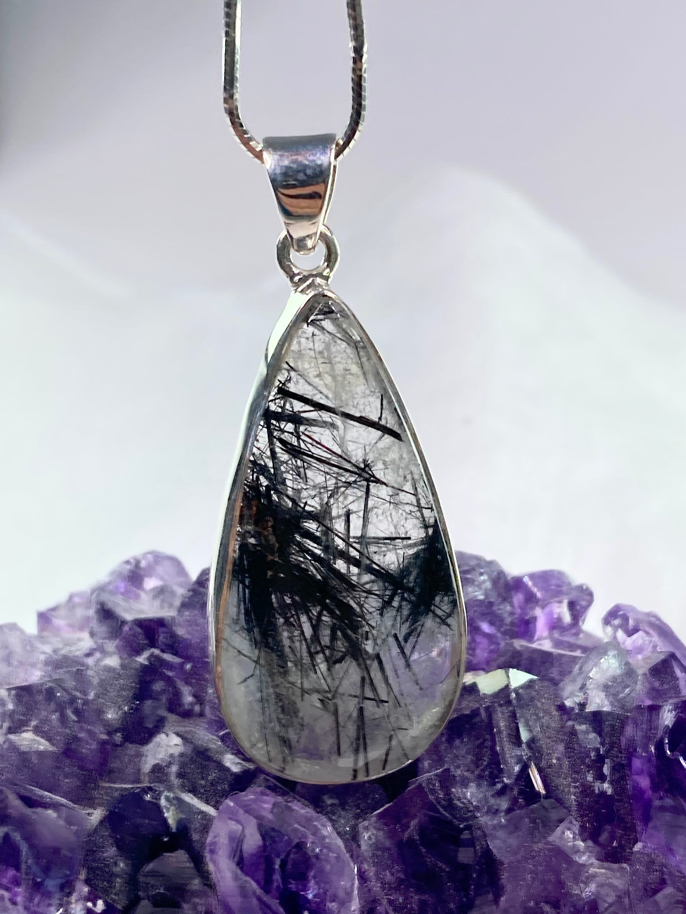 Black Tourmaline Rutilated Quartz and Silver Pendant