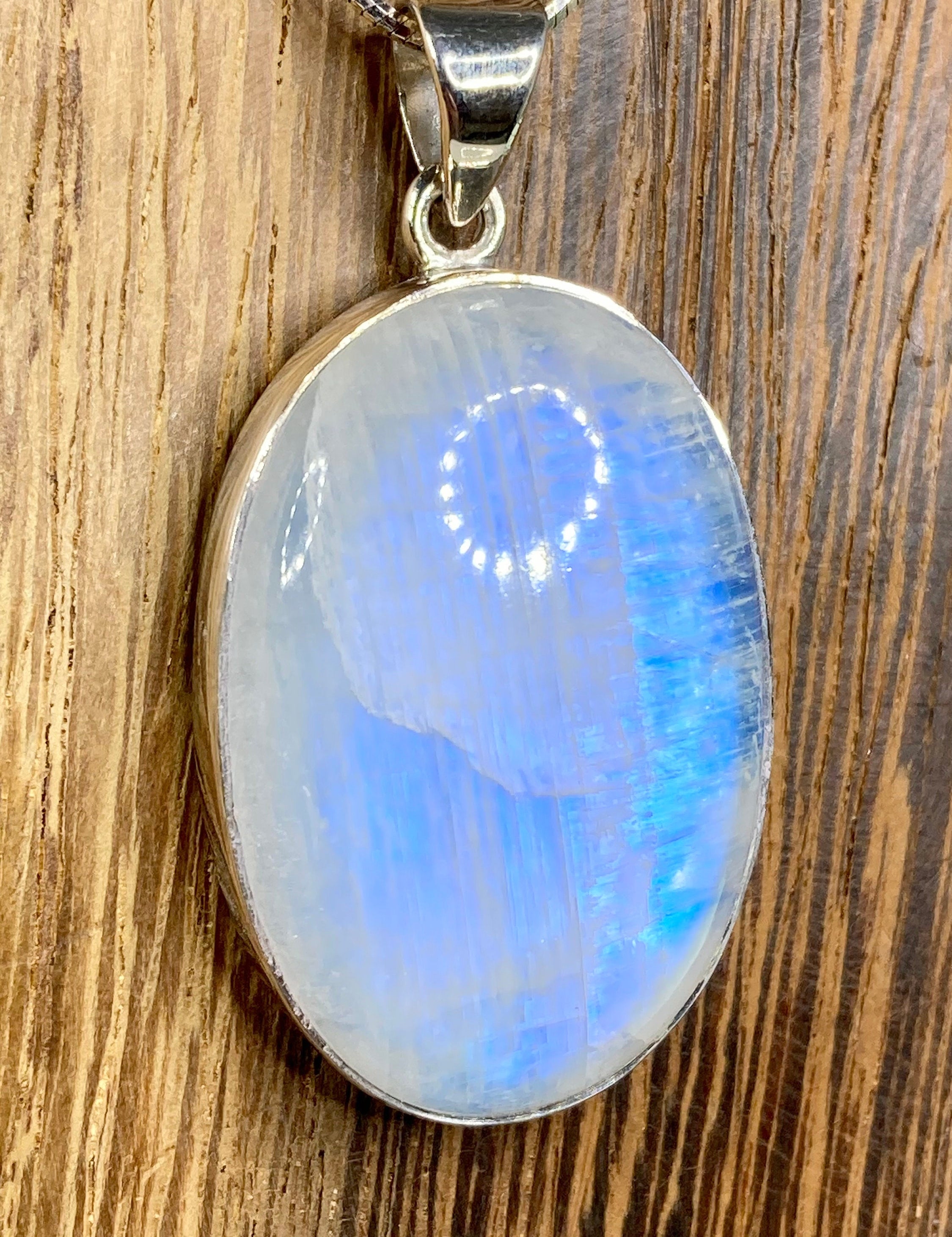 High Quality Blue Fire Moonstone and Silver Pendant