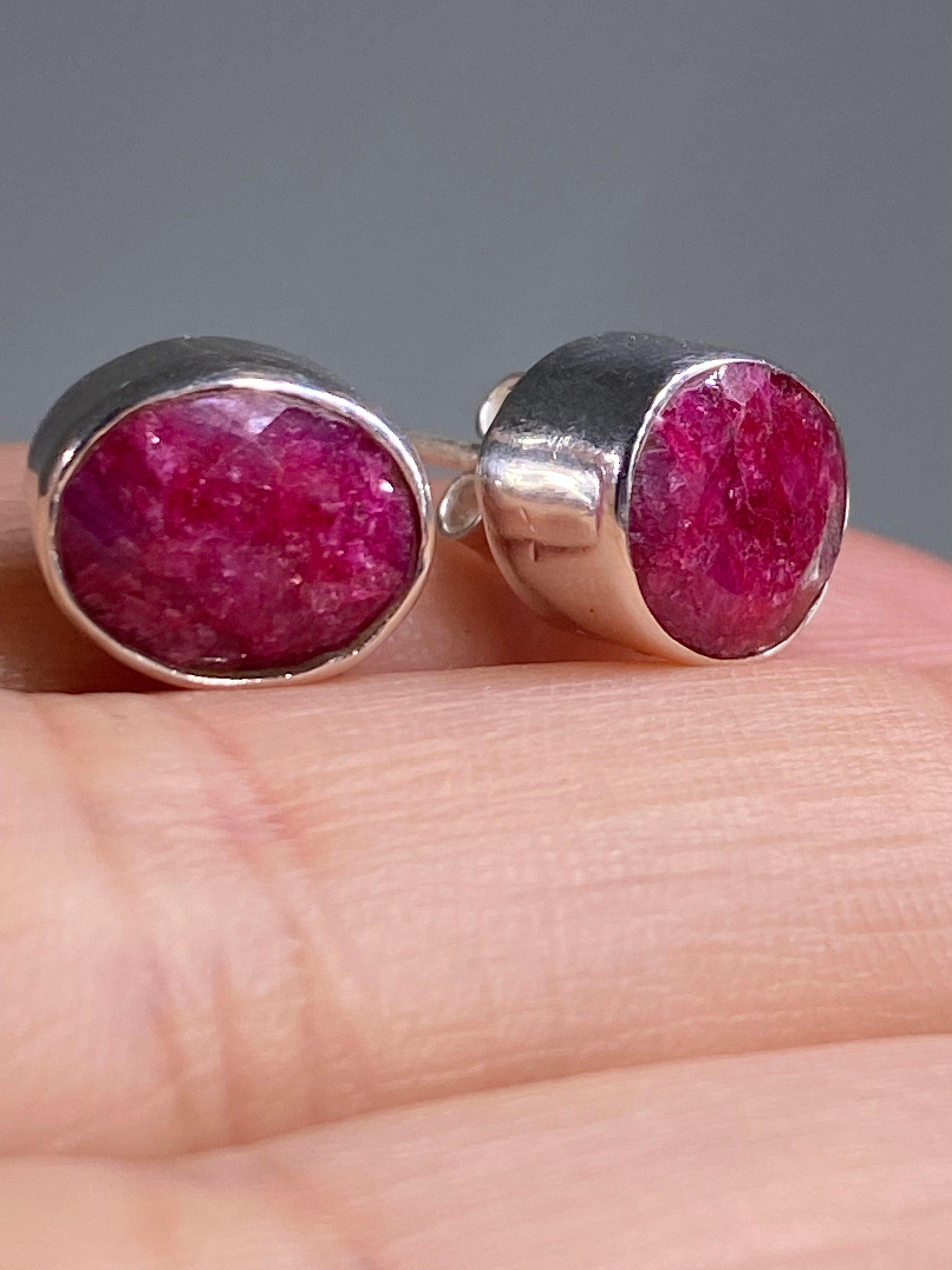 Raw Ruby and Silver Stud Earrings