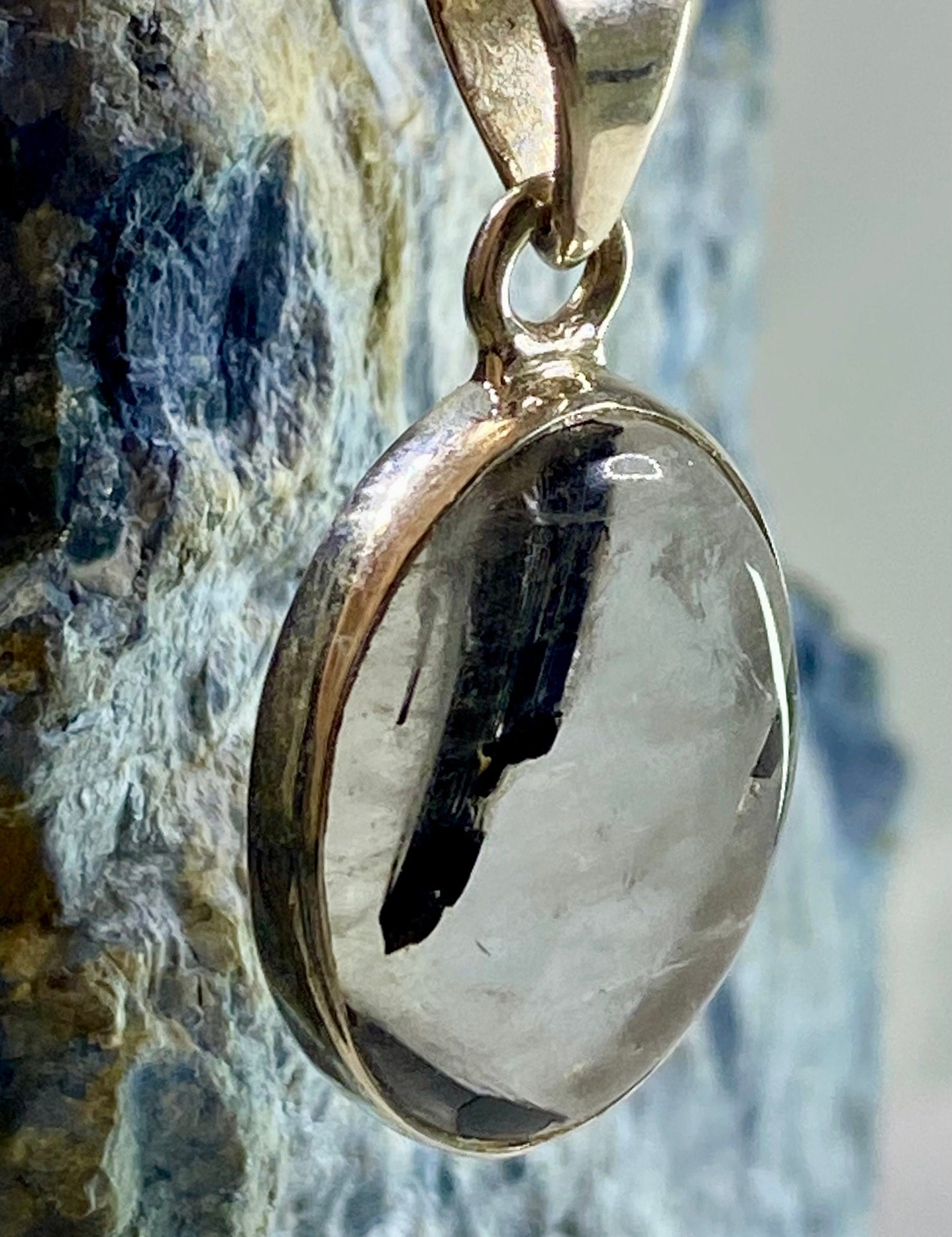 Black Tourmaline Rutilated Quartz and Silver Pendant