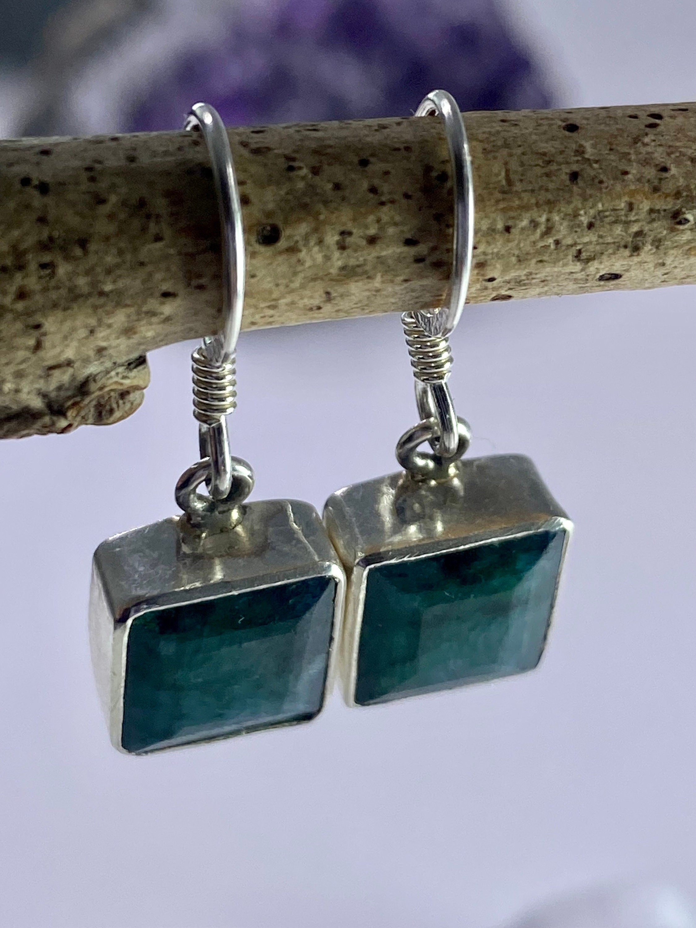 Raw Emerald and Silver Dangle Earrings