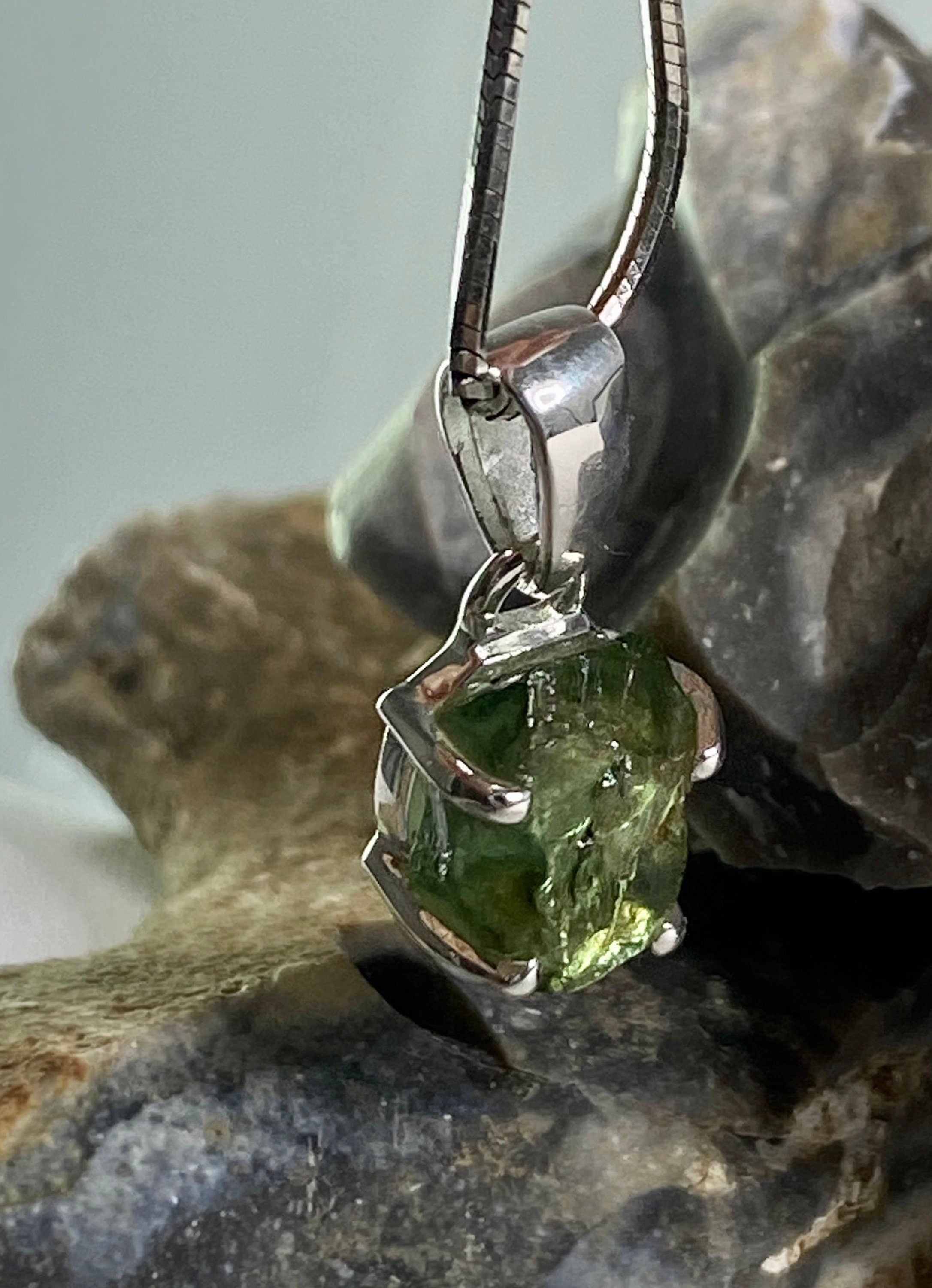 Natural Green Apatite and Silver Pendant