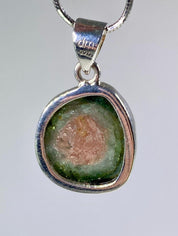 Genuine Watermelon Tourmaline Slice and Silver pendant including the Soild Italian Silver Snake Chain