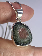 Genuine Watermelon Tourmaline Slice and Silver pendant including the Soild Italian Silver Snake Chain