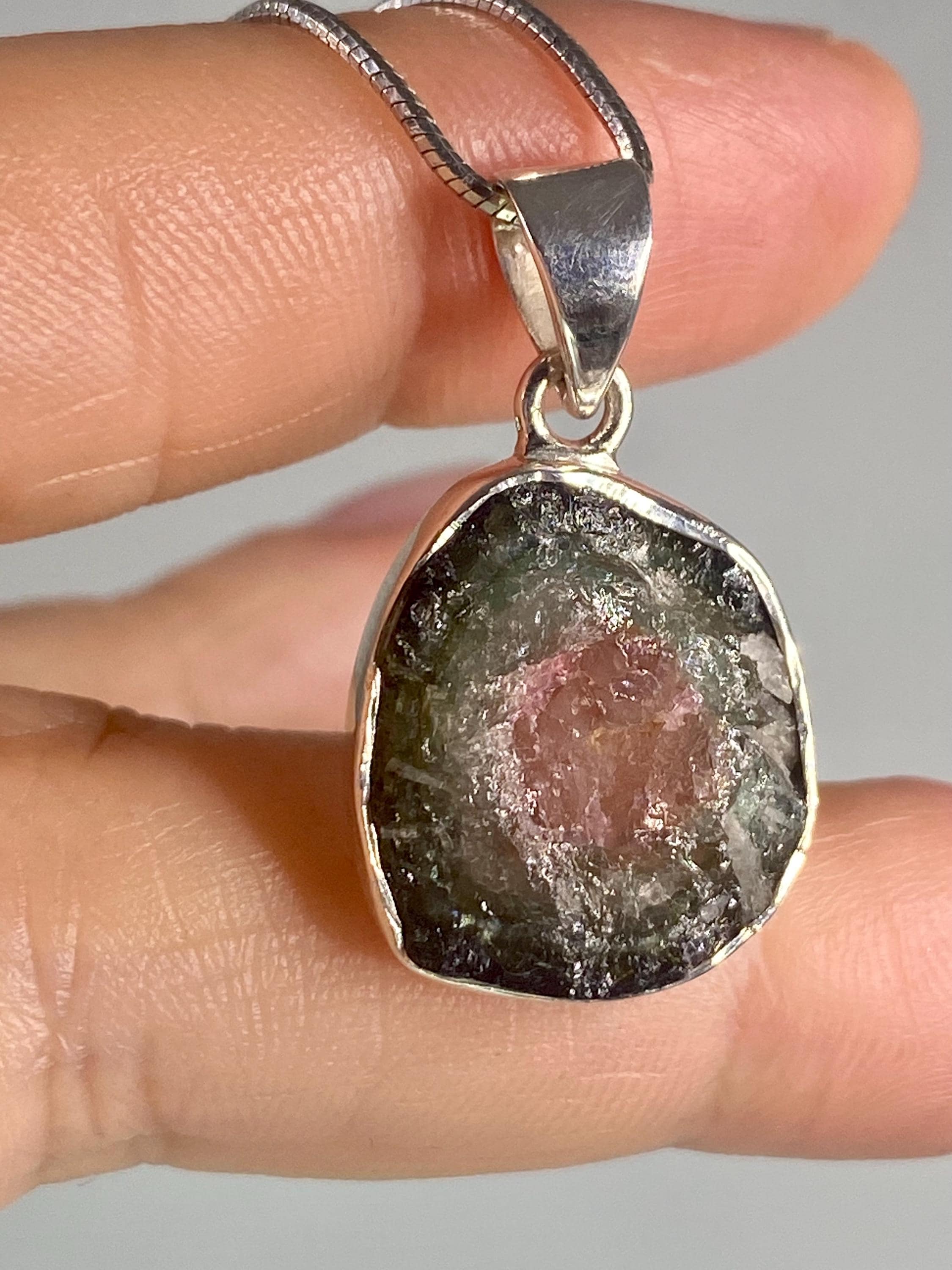 Genuine Watermelon Tourmaline Slice and Silver pendant including the Soild Italian Silver Snake Chain