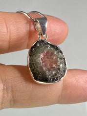 Genuine Watermelon Tourmaline Slice and Silver pendant including the Soild Italian Silver Snake Chain