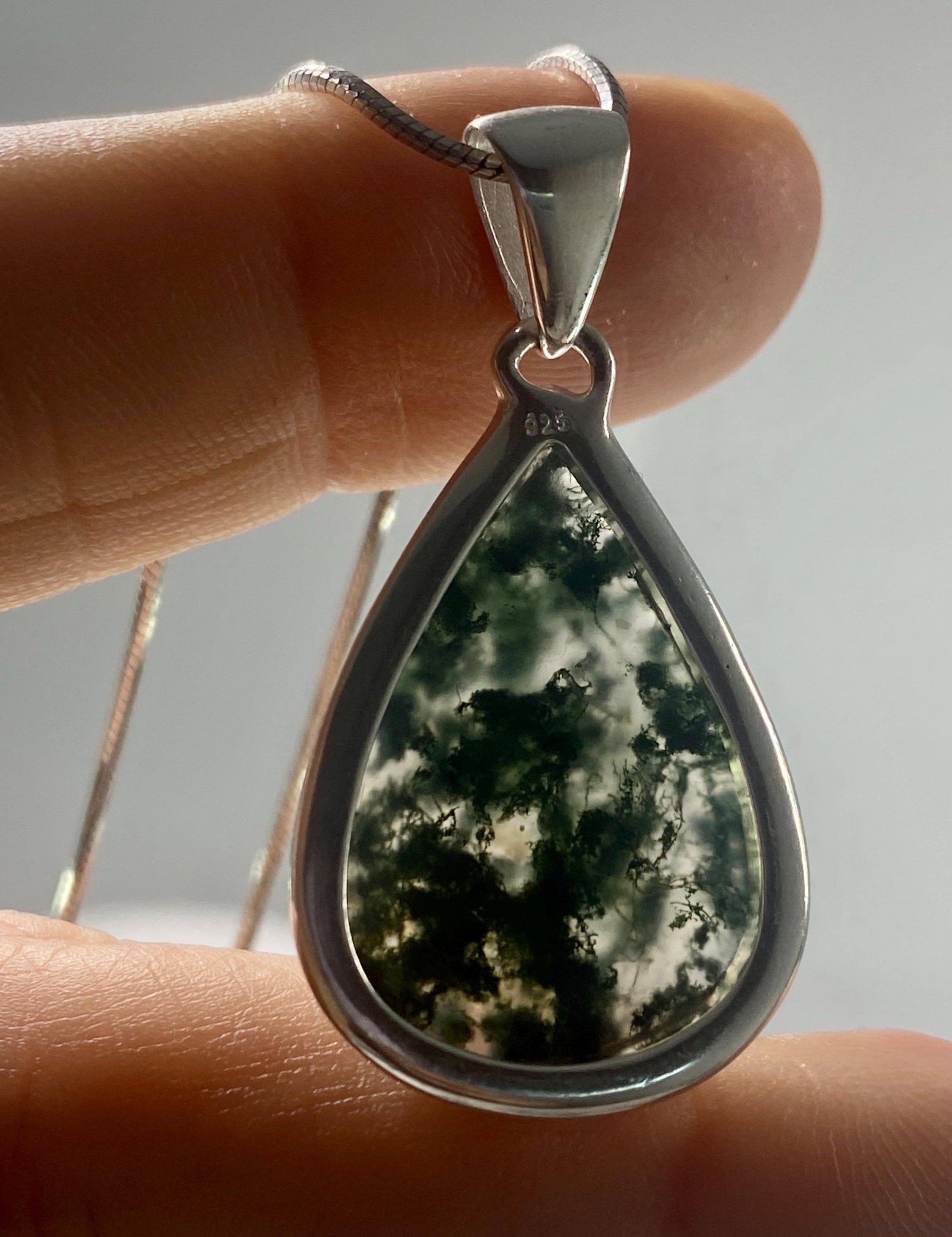 Moss Agate Silver Teardrop Pendant