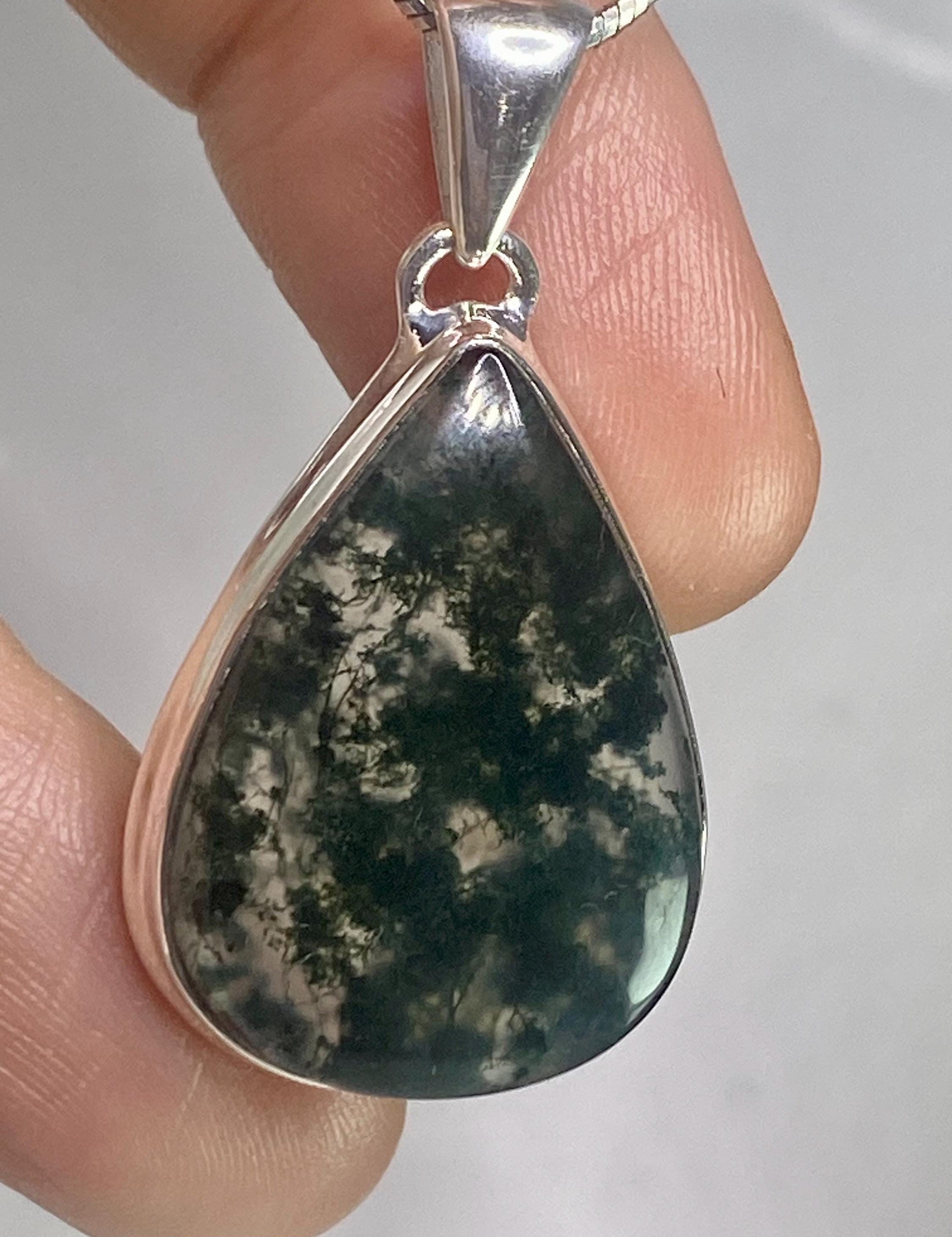 Moss Agate Silver Teardrop Pendant