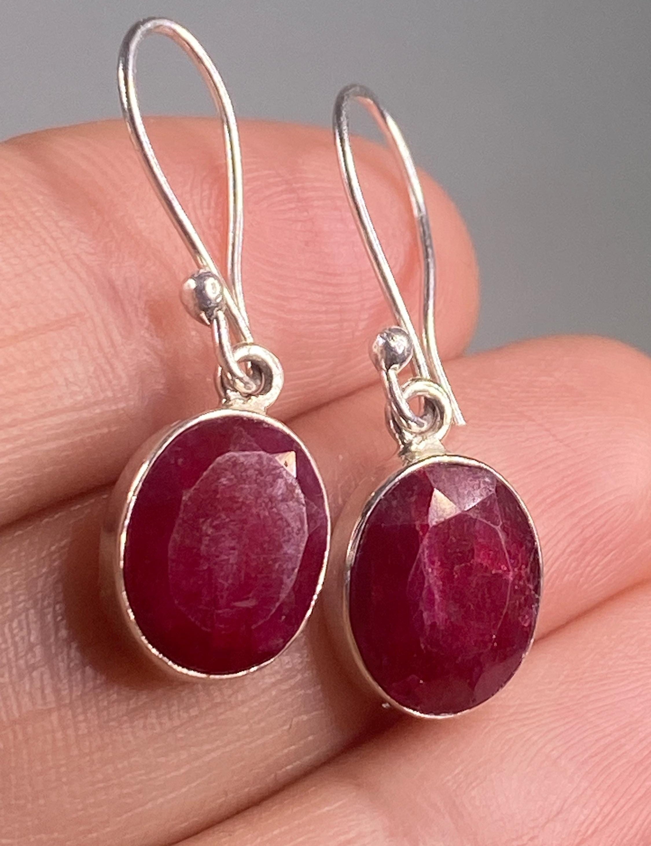 Raw Ruby and Silver Dangle Earrings