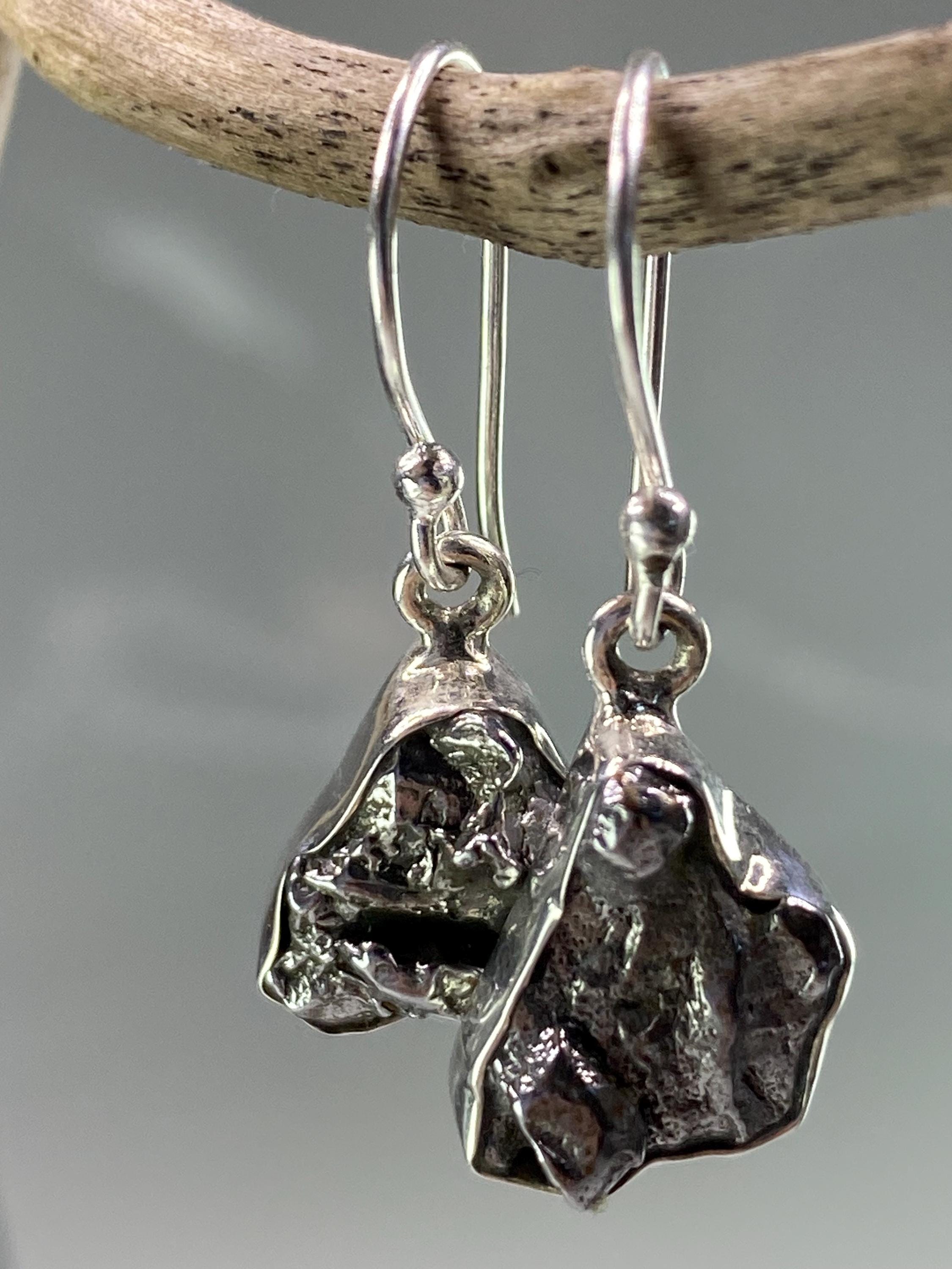 Campo Del Cielo Meteorite Dangle Earrings: Handmade Sterling Silver Bezel Setting