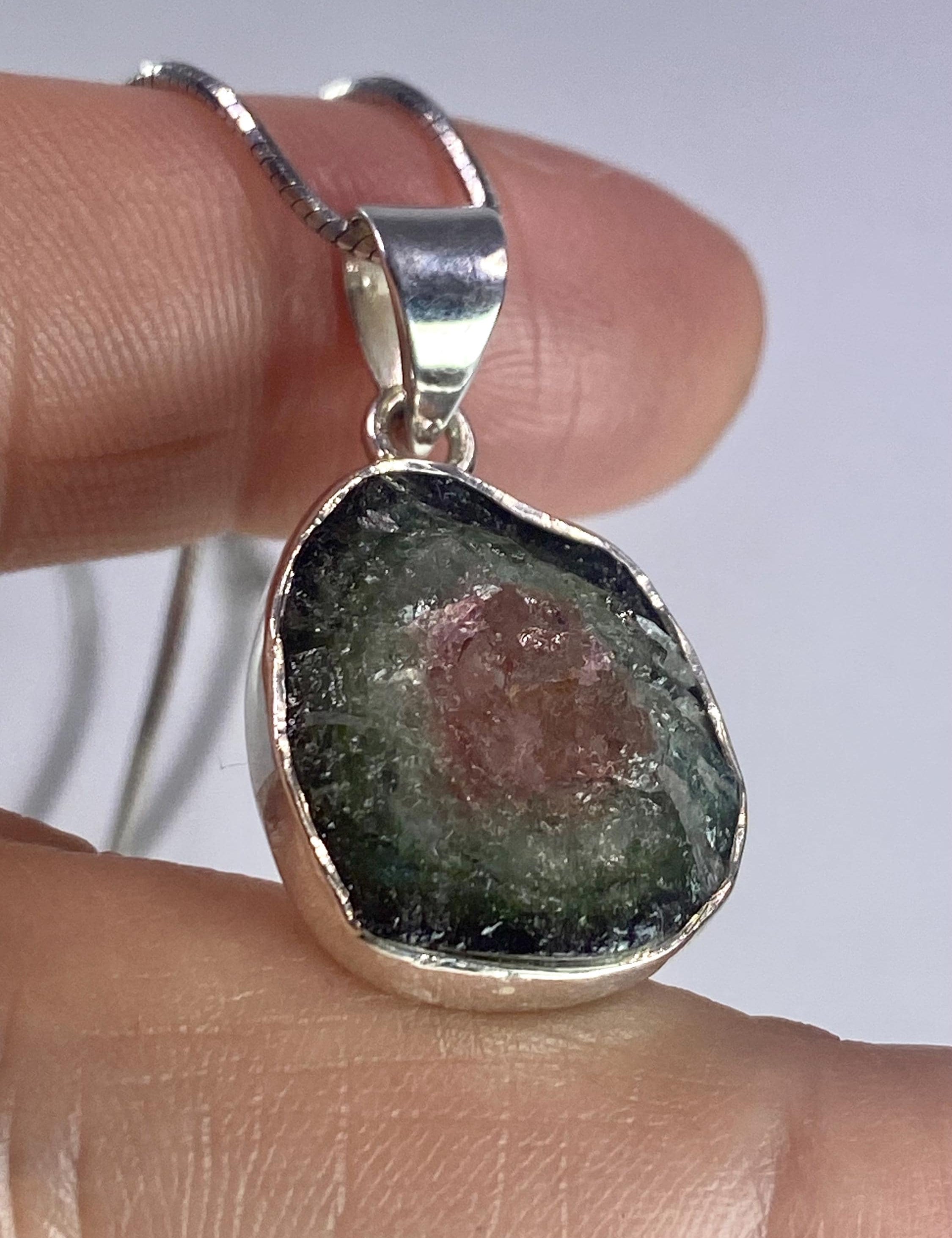 Genuine Watermelon Tourmaline Slice and Silver pendant including the Soild Italian Silver Snake Chain