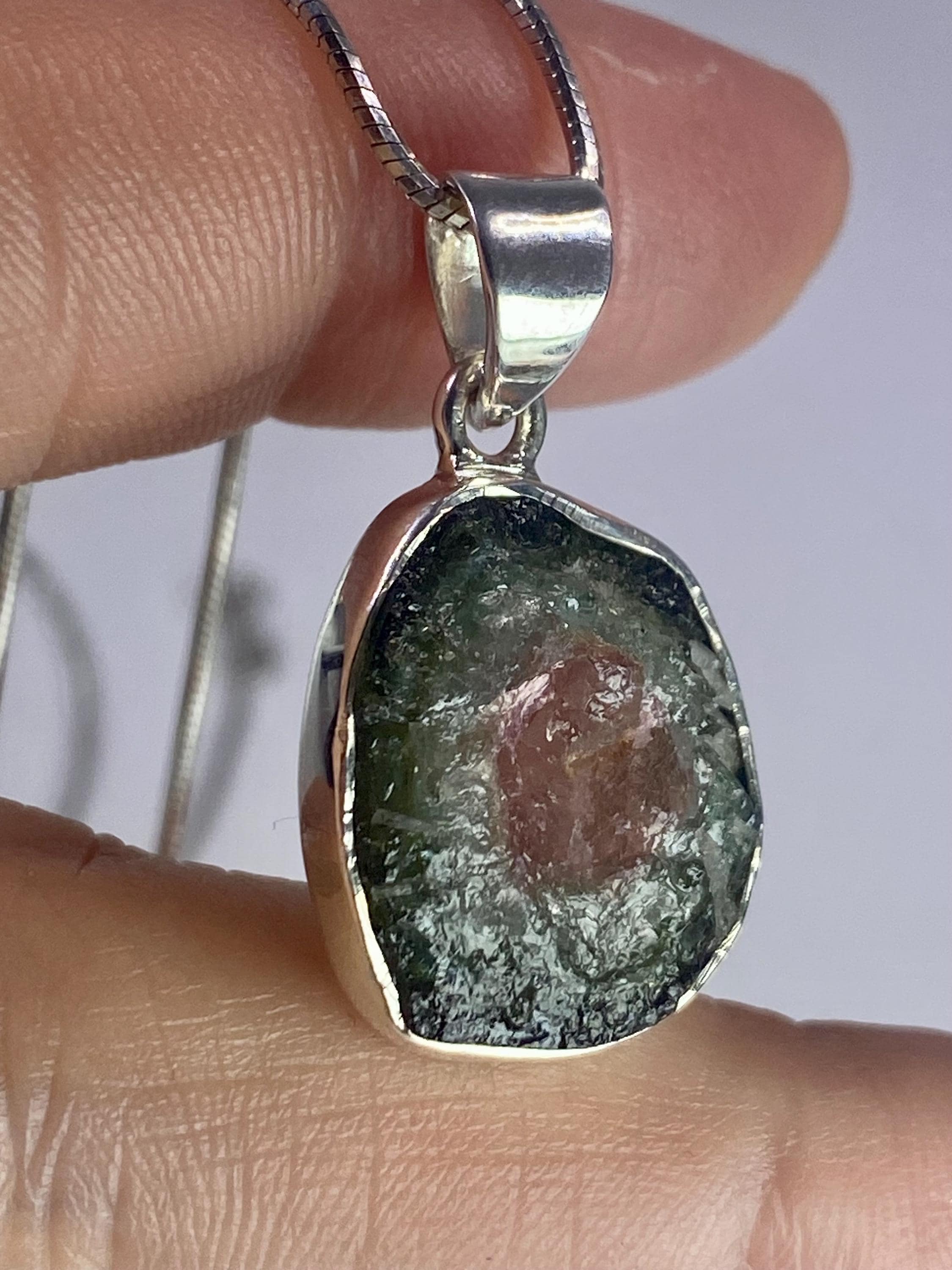 Genuine Watermelon Tourmaline Slice and Silver pendant including the Soild Italian Silver Snake Chain