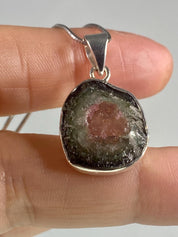 Genuine Watermelon Tourmaline Slice and Silver pendant including the Soild Italian Silver Snake Chain