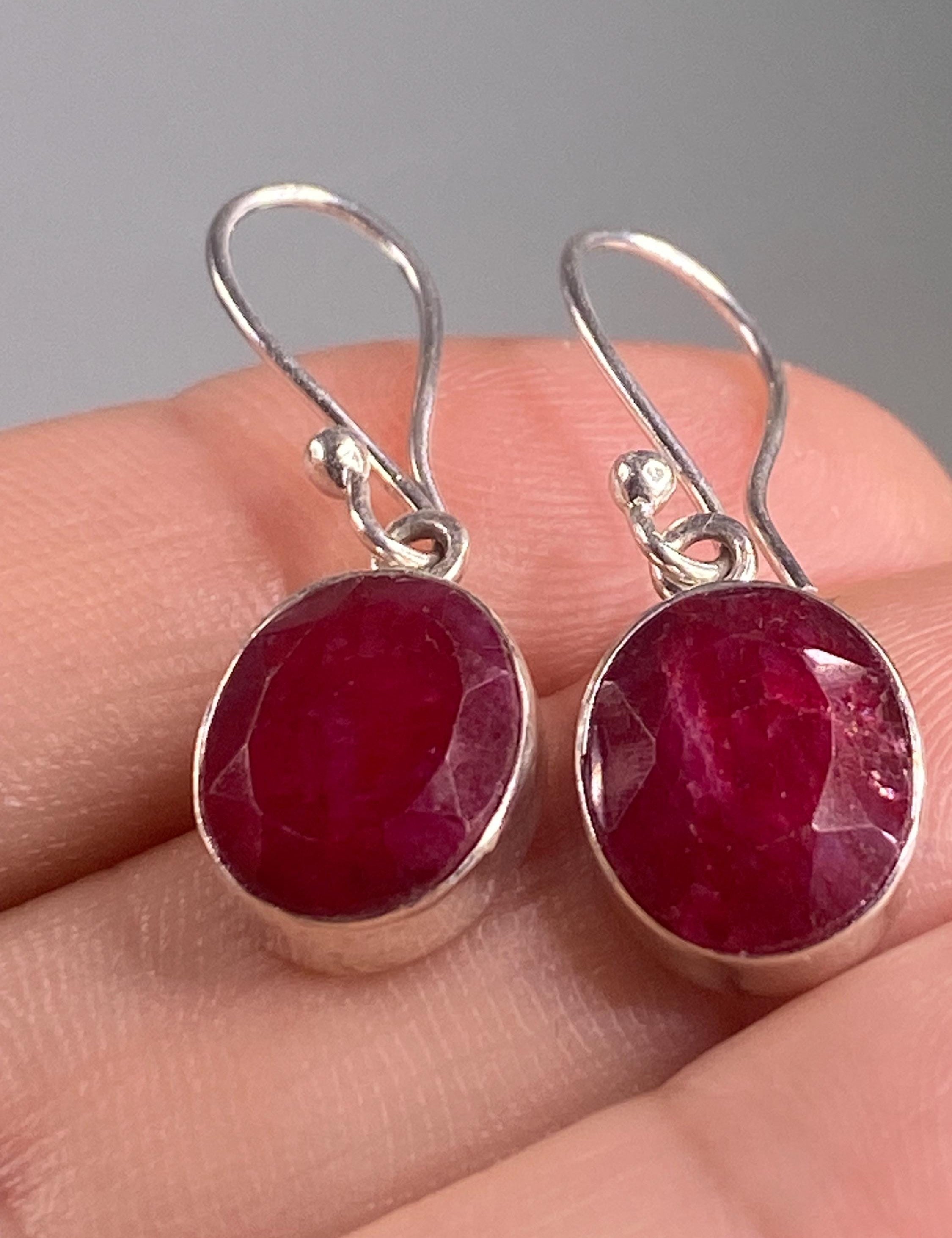 Raw Ruby and Silver Dangle Earrings