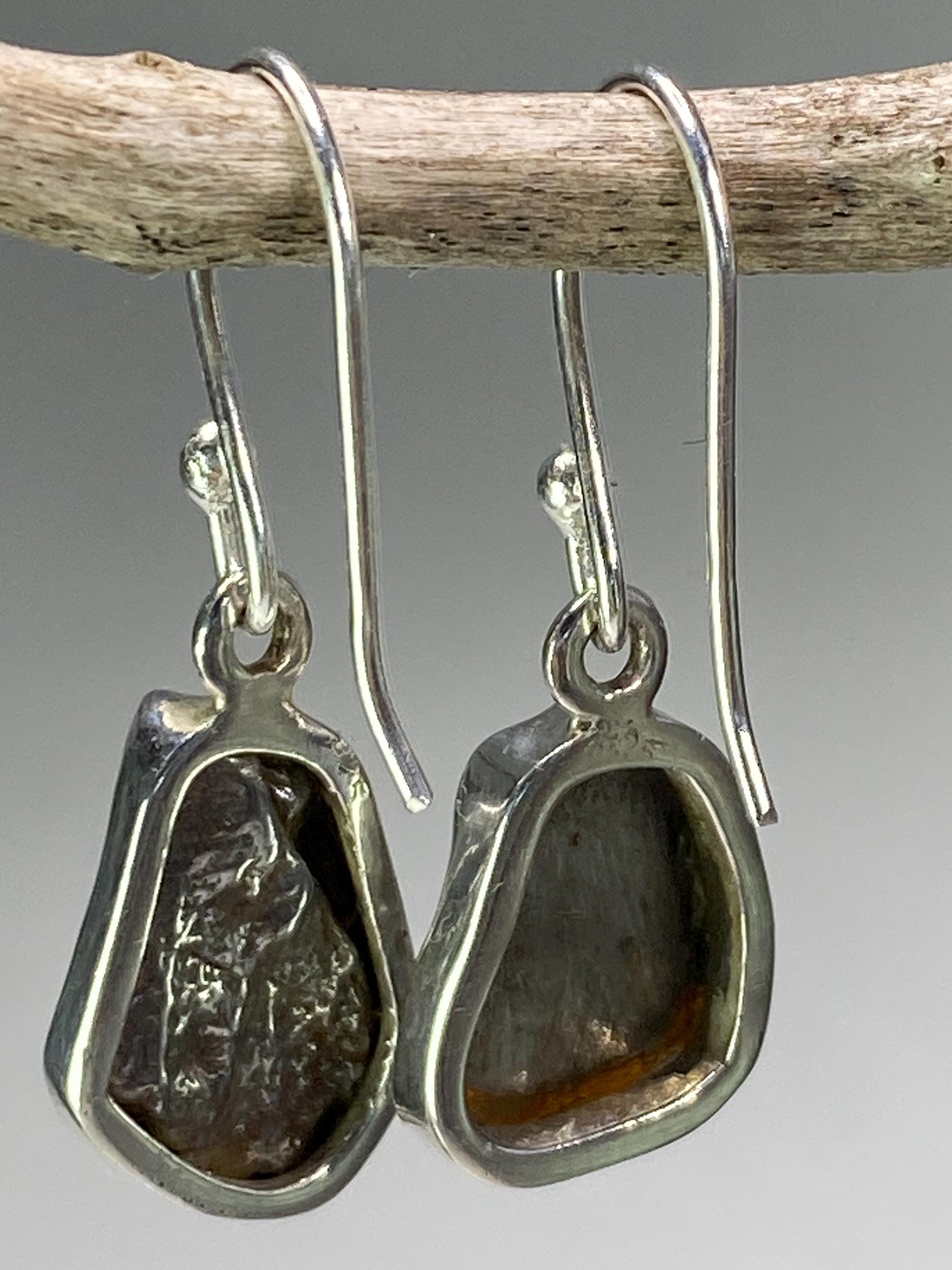 Meteorite Dangle Earrings: Sterling Silver Hexagon - Handmade Galaxy Jewellery