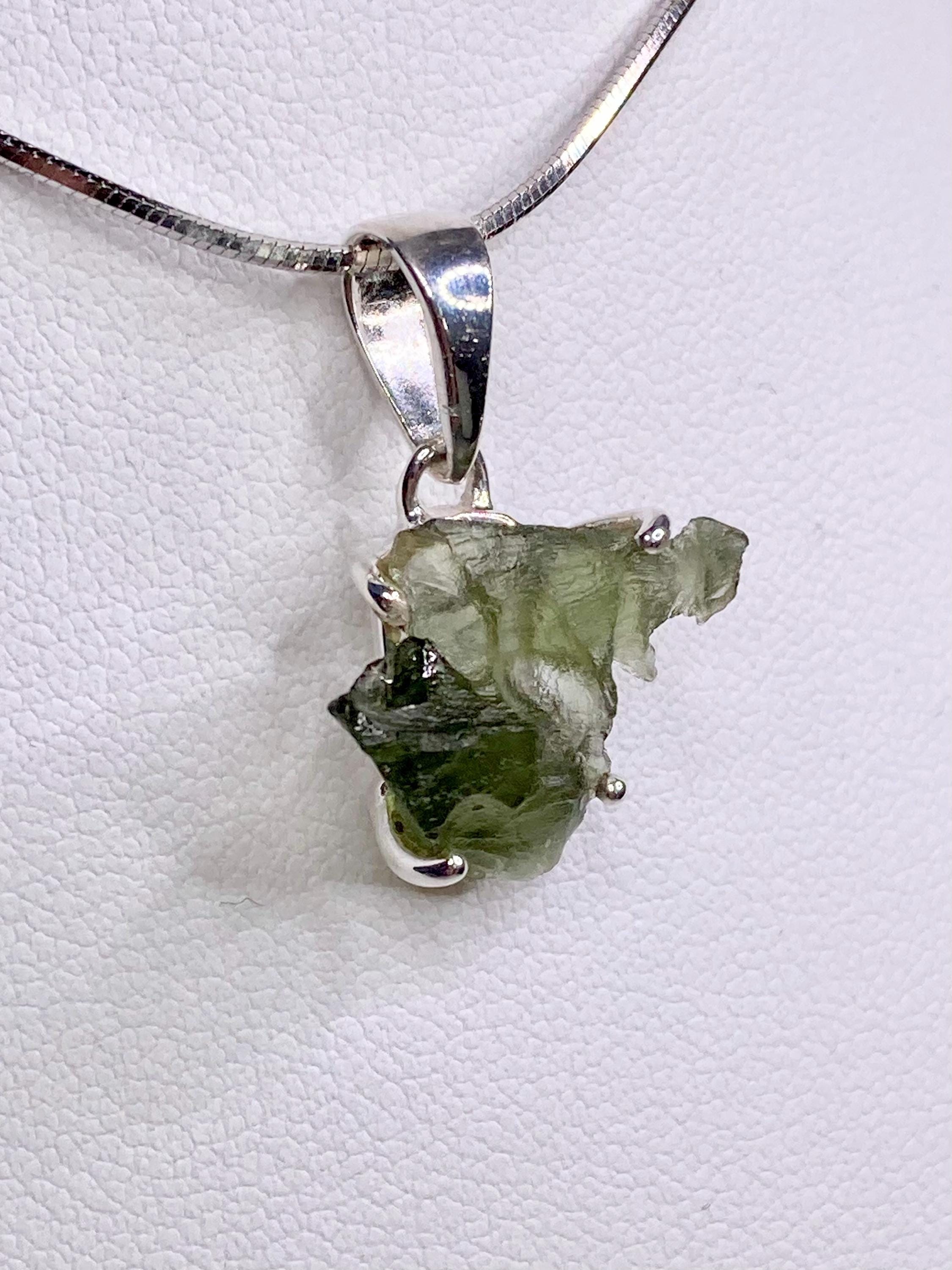 Natural MOLDAVITE and Sterling Silver Pendant