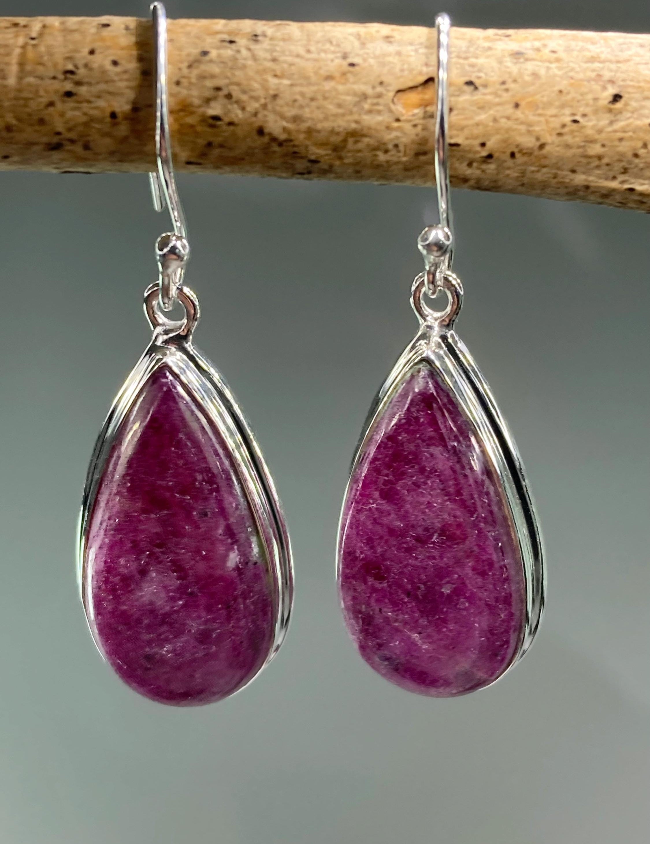 Natural African Ruby and Silver Dangle Earrings