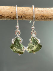 AAA Natural Moldavite and Silver Dangle Earrings