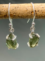 AAA Natural Moldavite and Silver Dangle Earrings