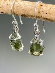 AAA Natural Moldavite and Silver Dangle Earrings