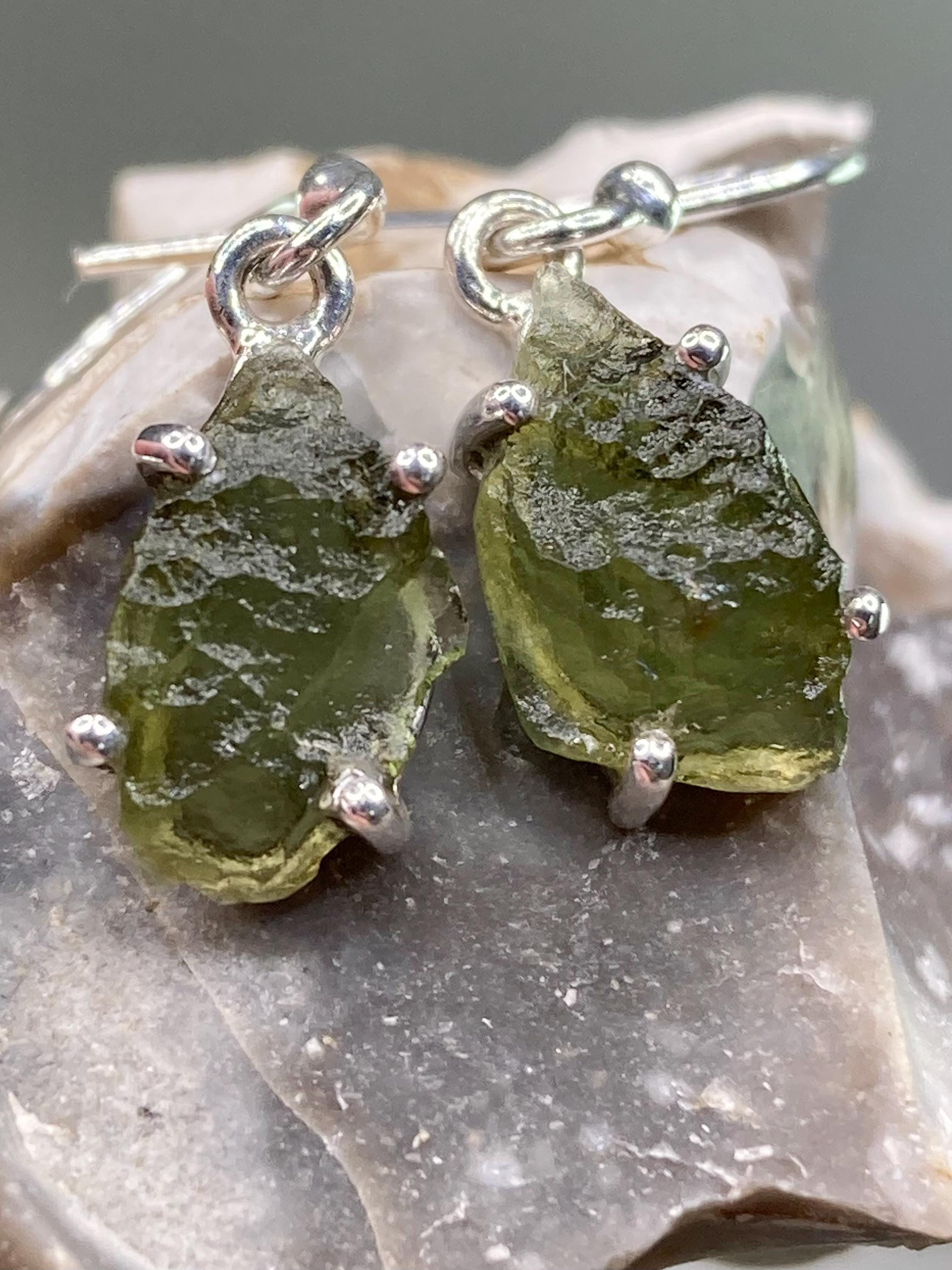 AAA Natural Moldavite and Silver Dangle Earrings