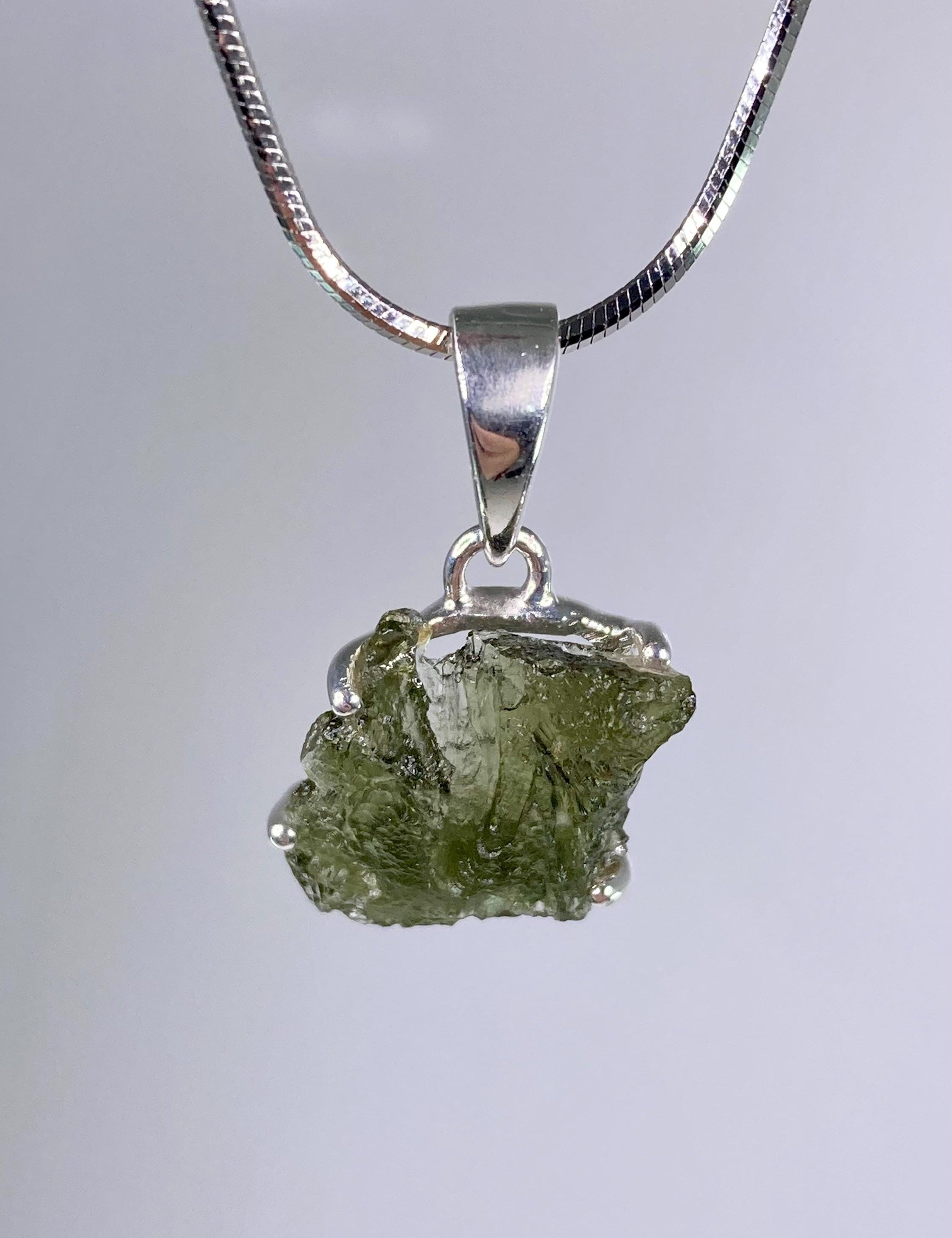 Natural MOLDAVITE and Sterling Silver Pendant