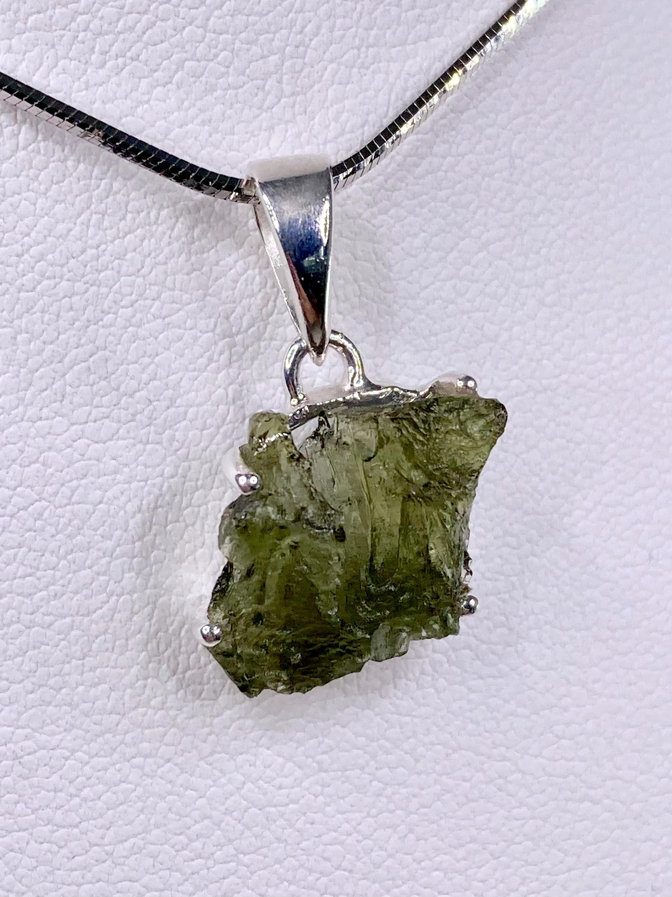 Natural MOLDAVITE and Sterling Silver Pendant