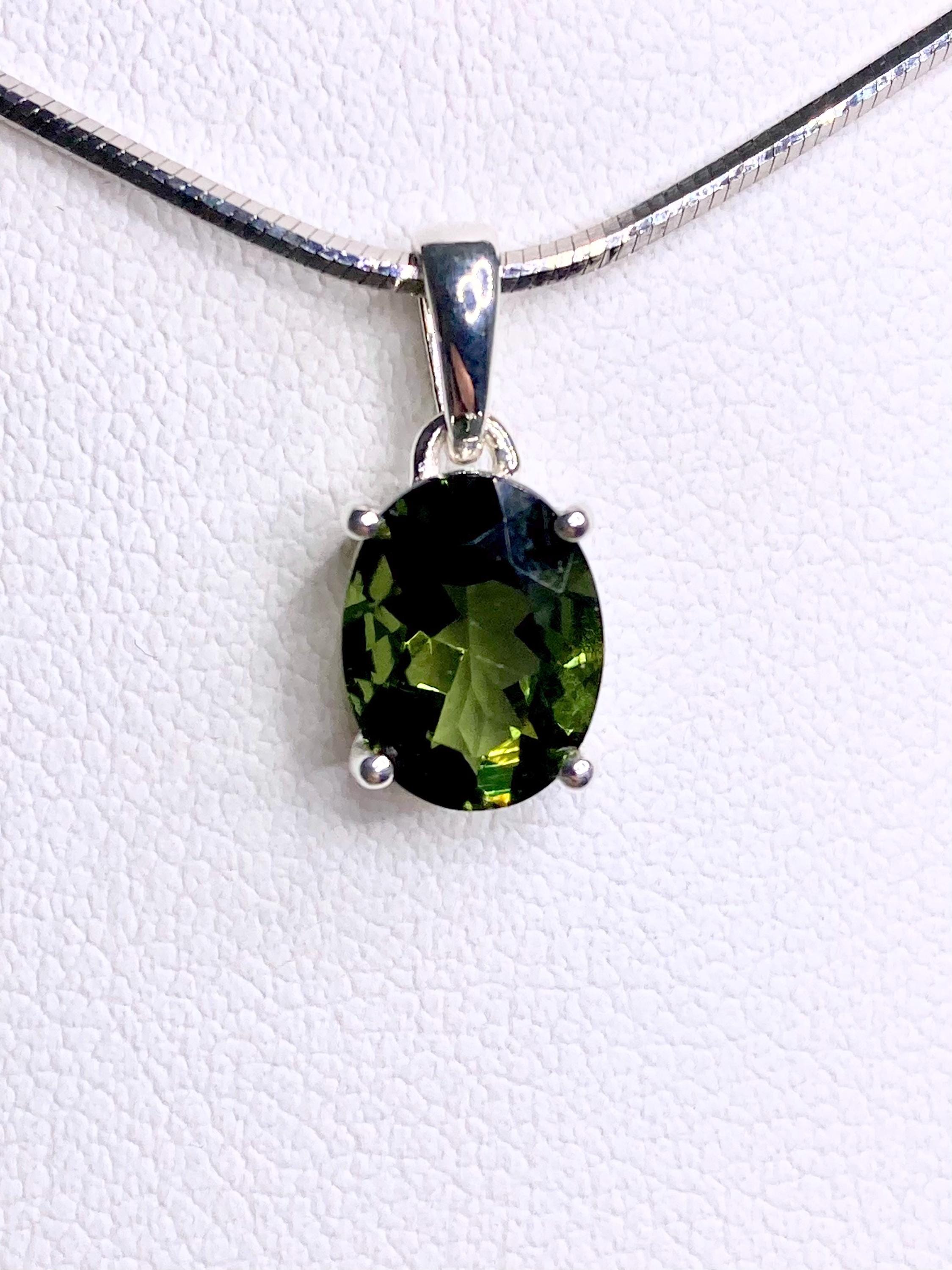 Fine Cut Faceted MOLDAVITE and Sterling Silver Pendant