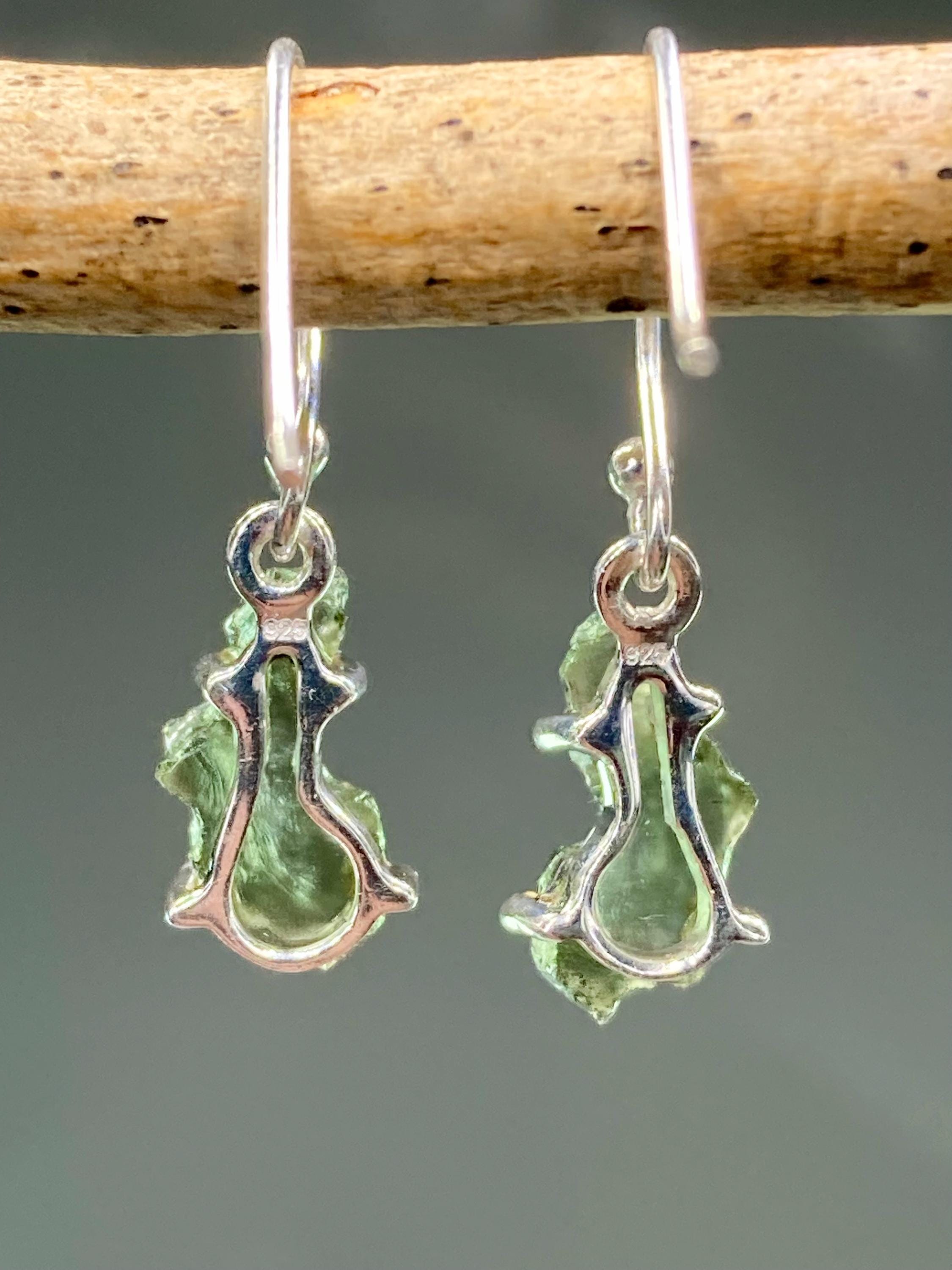 Natural Uncut Moldavite Sterling Silver Dangle Earrings