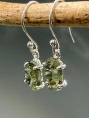 Natural Raw Moldavite Dangle Earrings Uncut Sterling Silver