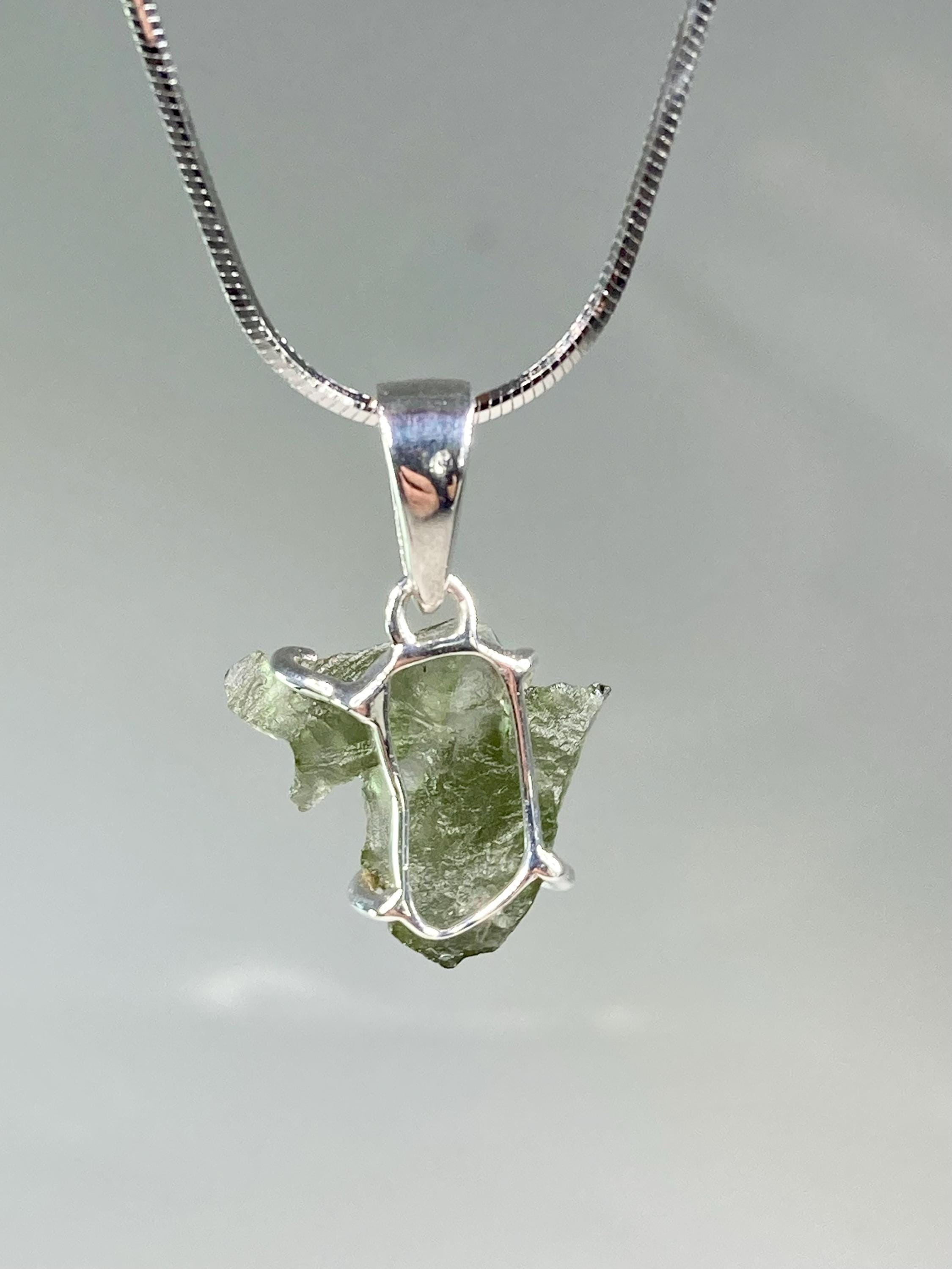 Natural MOLDAVITE and Sterling Silver Pendant