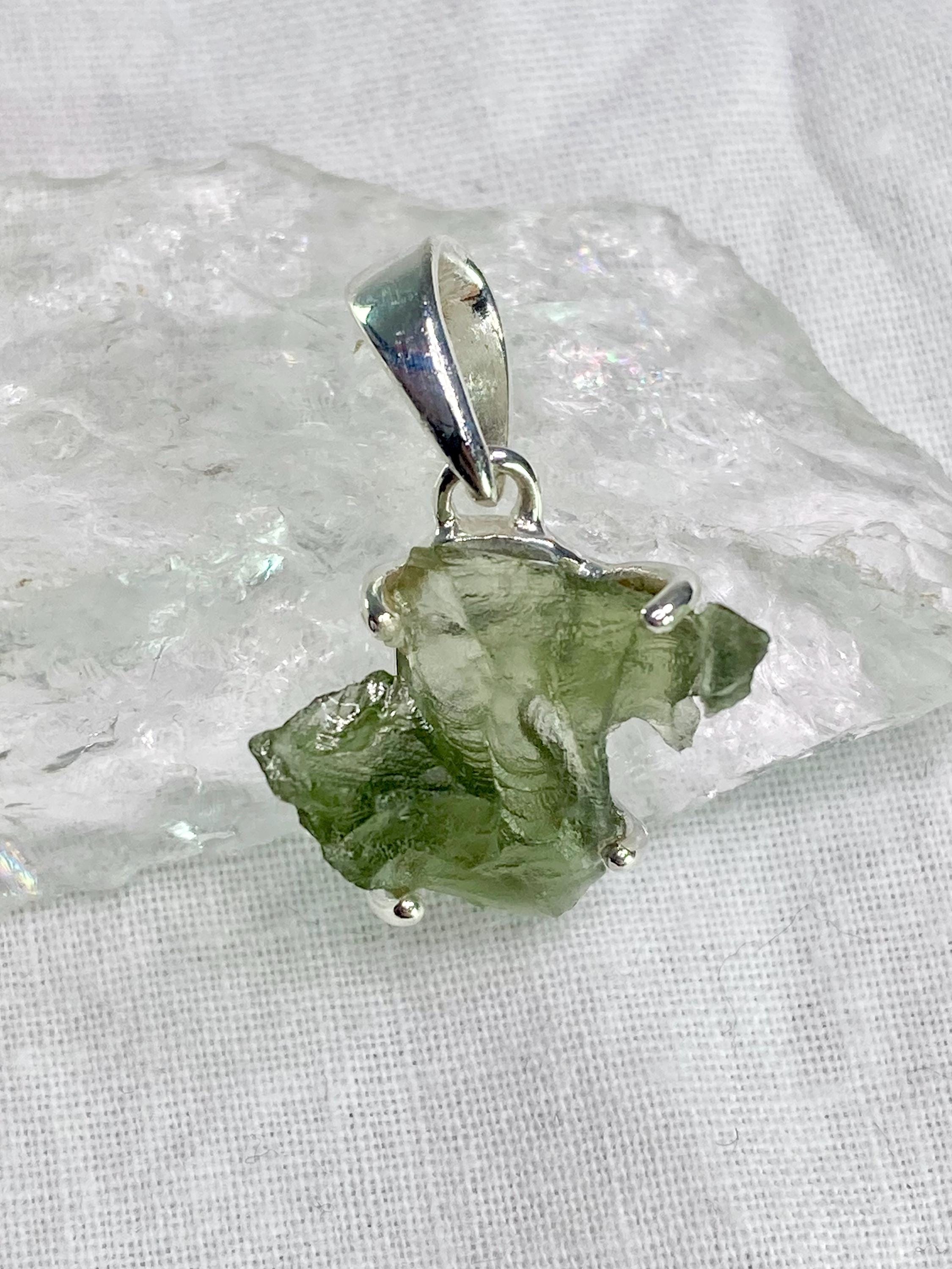 Natural MOLDAVITE and Sterling Silver Pendant
