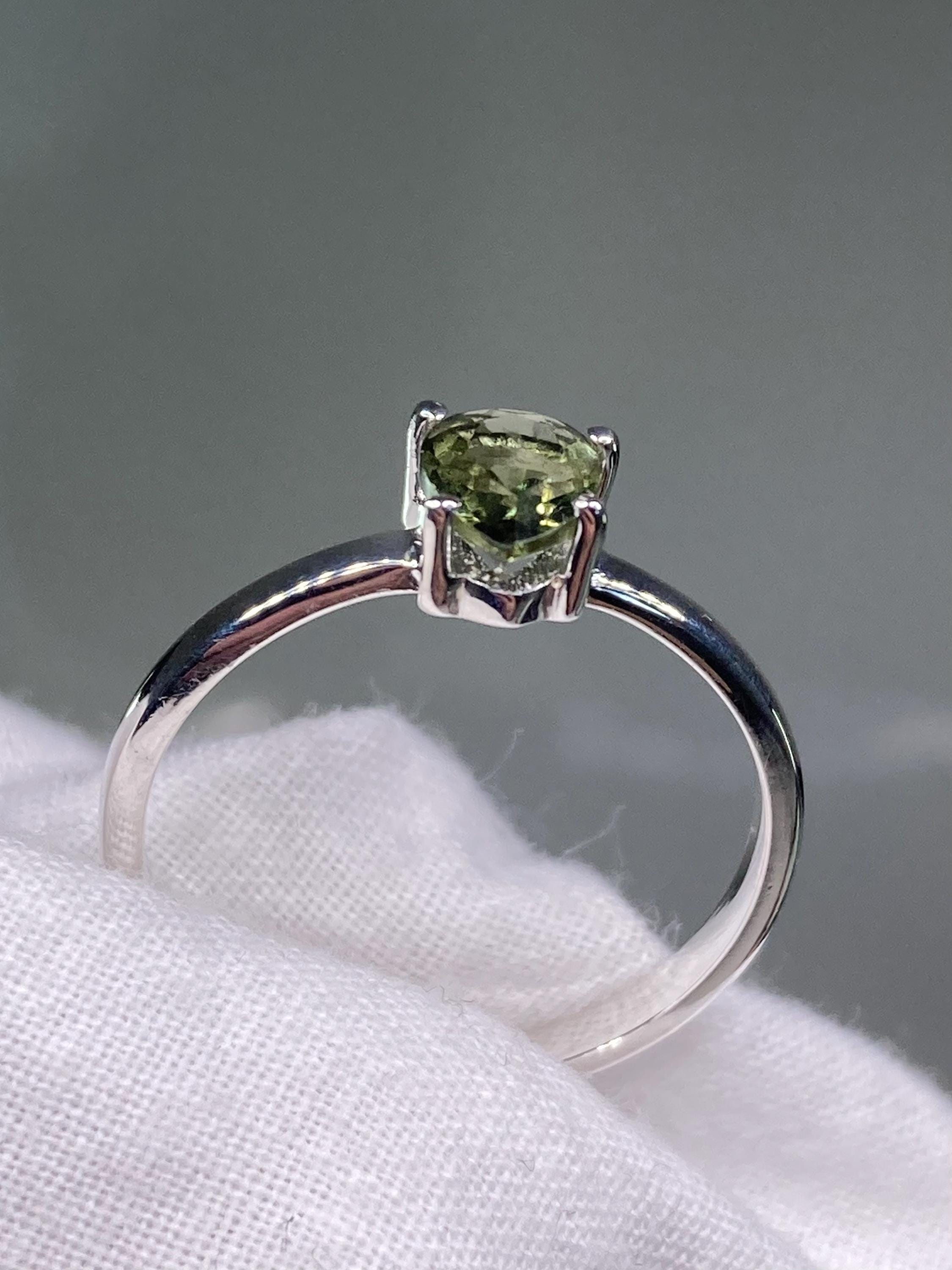 Grade AAA - Fine Cut Natural Faceted MOLDAVITE and Sterling Silver Ring.