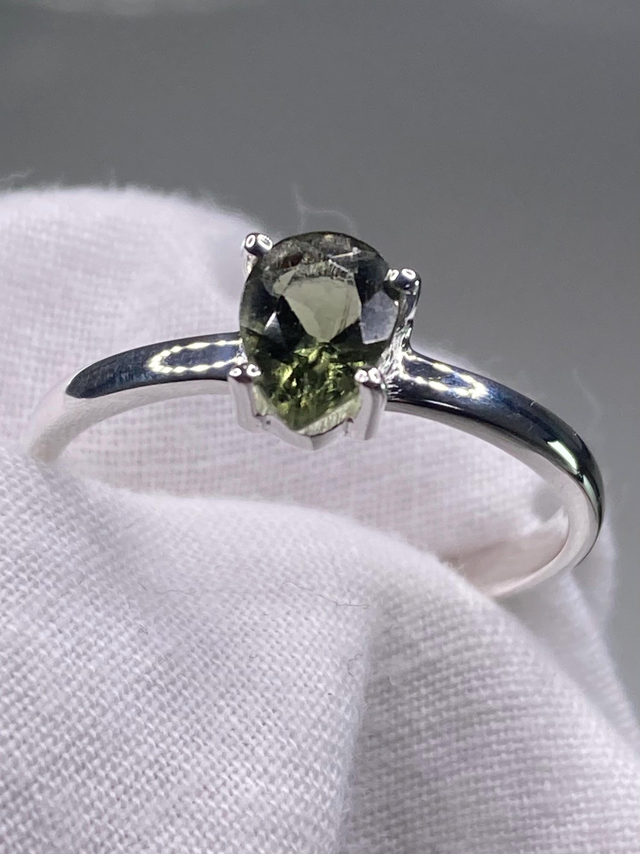 Grade AAA - Fine Cut Natural Faceted MOLDAVITE and Sterling Silver Ring.